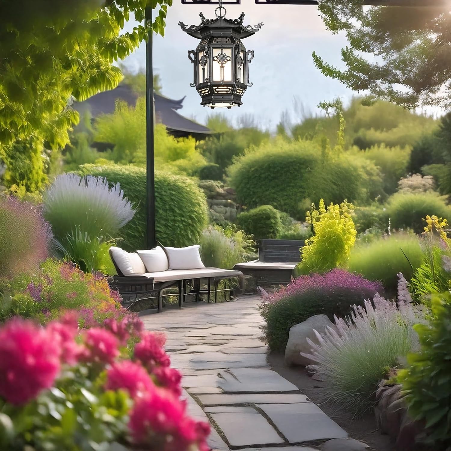 Outdoor Pendant Light, Traditional Hanging Lantern, Retro Waterproof Rustproof Exterior Chandelier, Aluminum Body with PVC, Fixture for Villa, Courtyard, Patio, Balcony, Entryway(Black,Large)