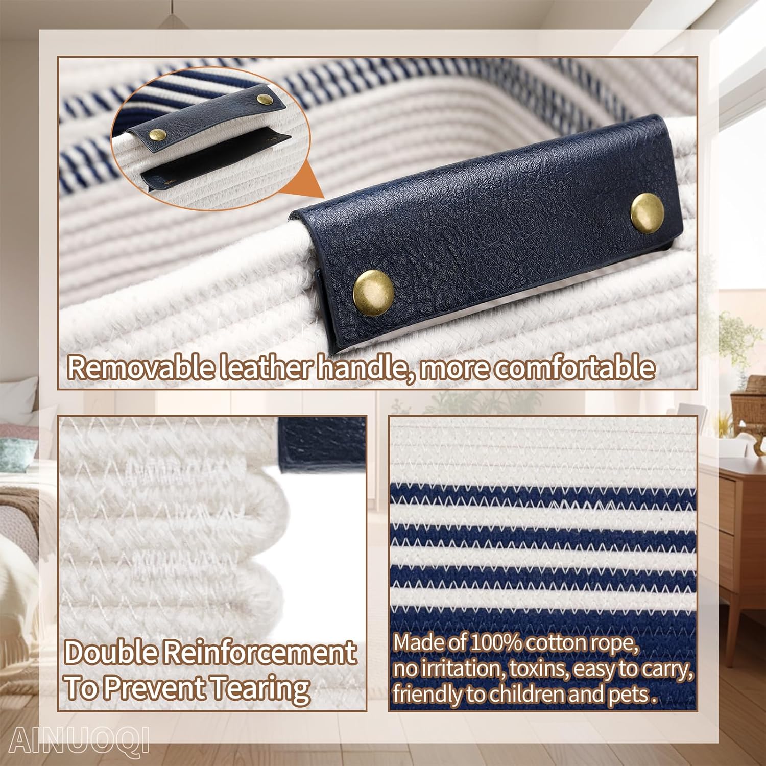 Large Laundry Basket - Tall Woven Rope Laundry Hamper with Leather Handles - Dirty Clothes hamper for Living room, Bedroom, 17.8" X 13.8" X 22", Dark Blue & White - Image 7