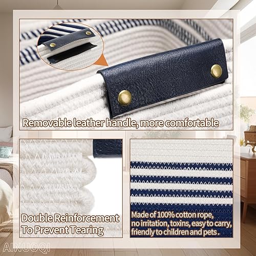 Miniatura 7 de AINUOQI Cesta de lavandería grande  Cesta alta de cuerda tejida con asas de cuero  Cesta de ropa sucia para sala de estar, dormitorio, 17.8 x 13.8 x