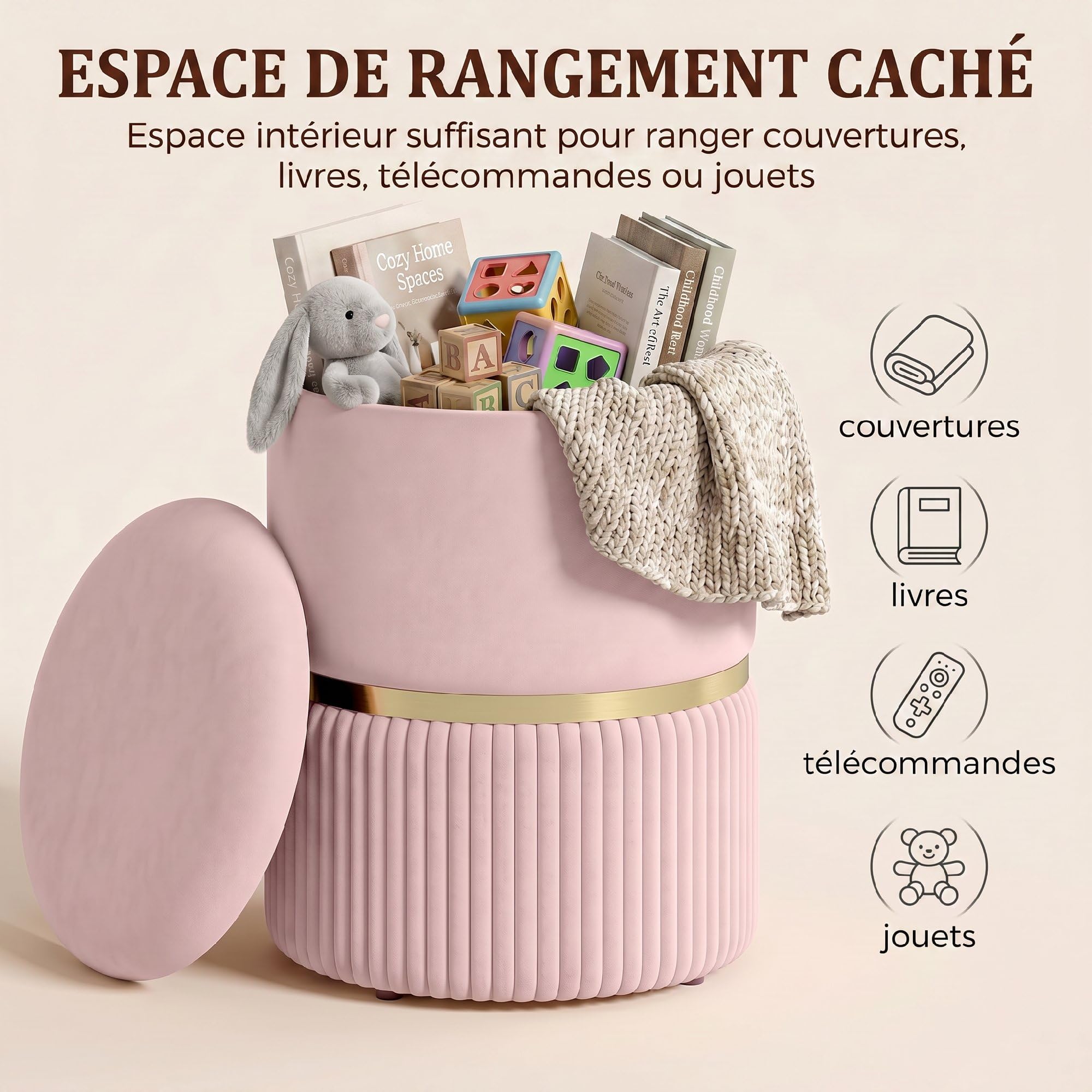 HOMCOM Pouf Taburete Reposapiés Baúl 36x36x44cm Rosa