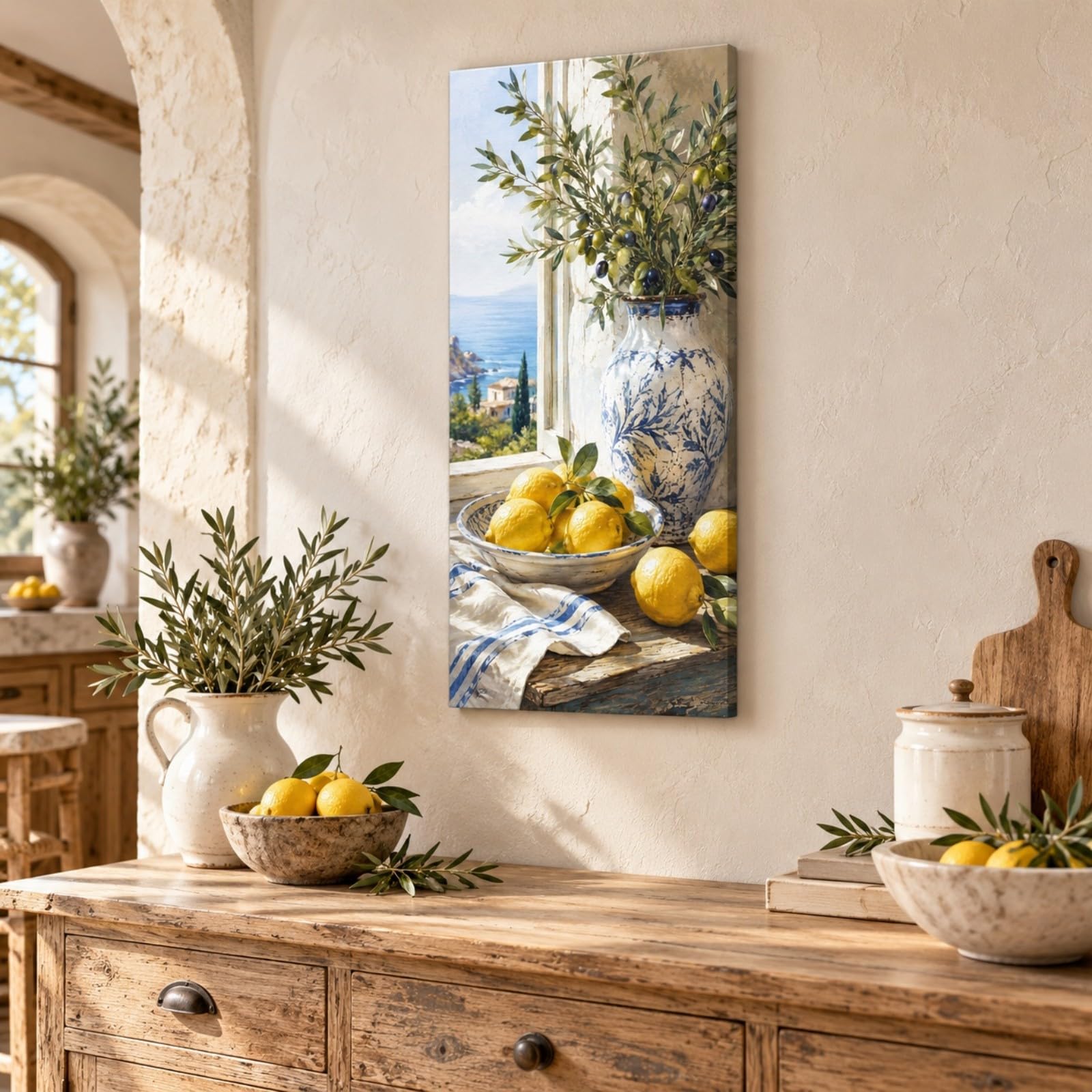 DHFGHFJ Cuadro en Lienzo Vertical al Óleo con Limones y Ramas de Olivo