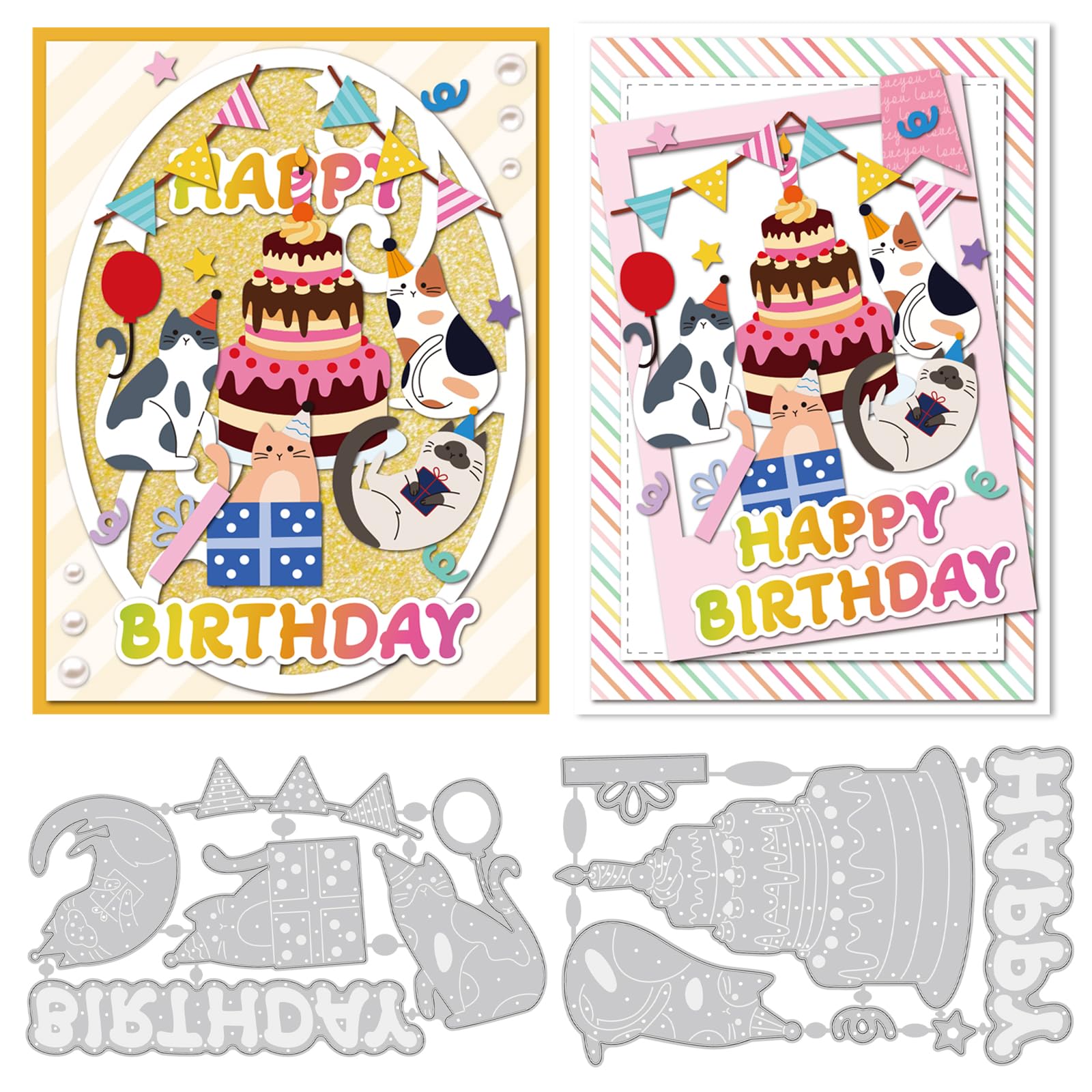 INFUNLY Cat Birthday Party Die Cuts for Card Making Cake Metal Cutting Dies Kitten Die Cut Happy Birthday Embossing Stencil Templates for DIY Scrapbooking Journal Embossing Craft Decor