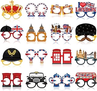 Capoda 32 Pcs British Party Decorations Favors British National Day Paper Glasses Photo Booth Props UK England Selfie Prop for London National Day Party Decorations Supplies