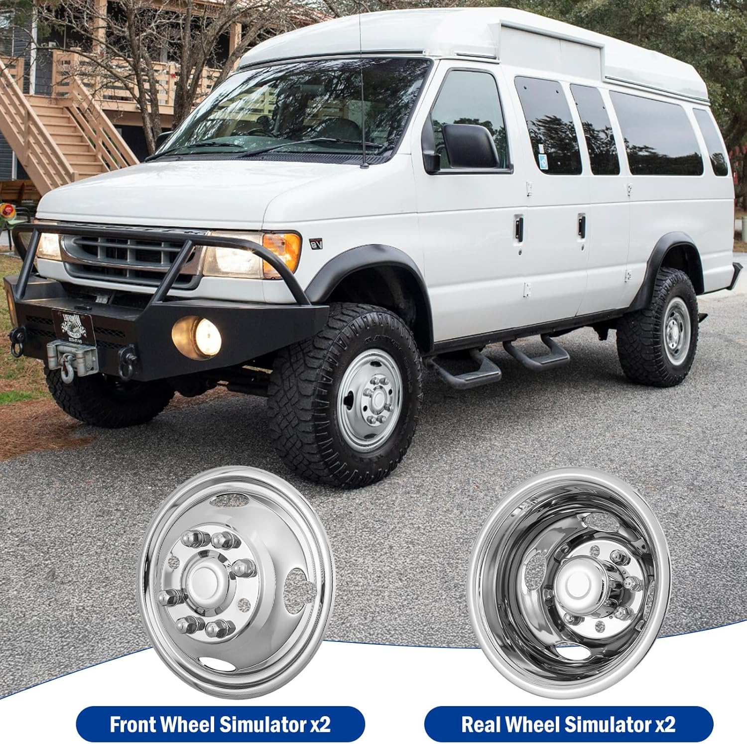 16"Wheel Simulators,16"8 Lug Stainless Steel Hubcaps with Wheel Lug Bolts Kit,Polished Finish,2Front Wheels/2Rear Wheels,Wheel Simulators Suitable for Ford E350/E450 (1992-2016,2018-2021;2017Not Fit)