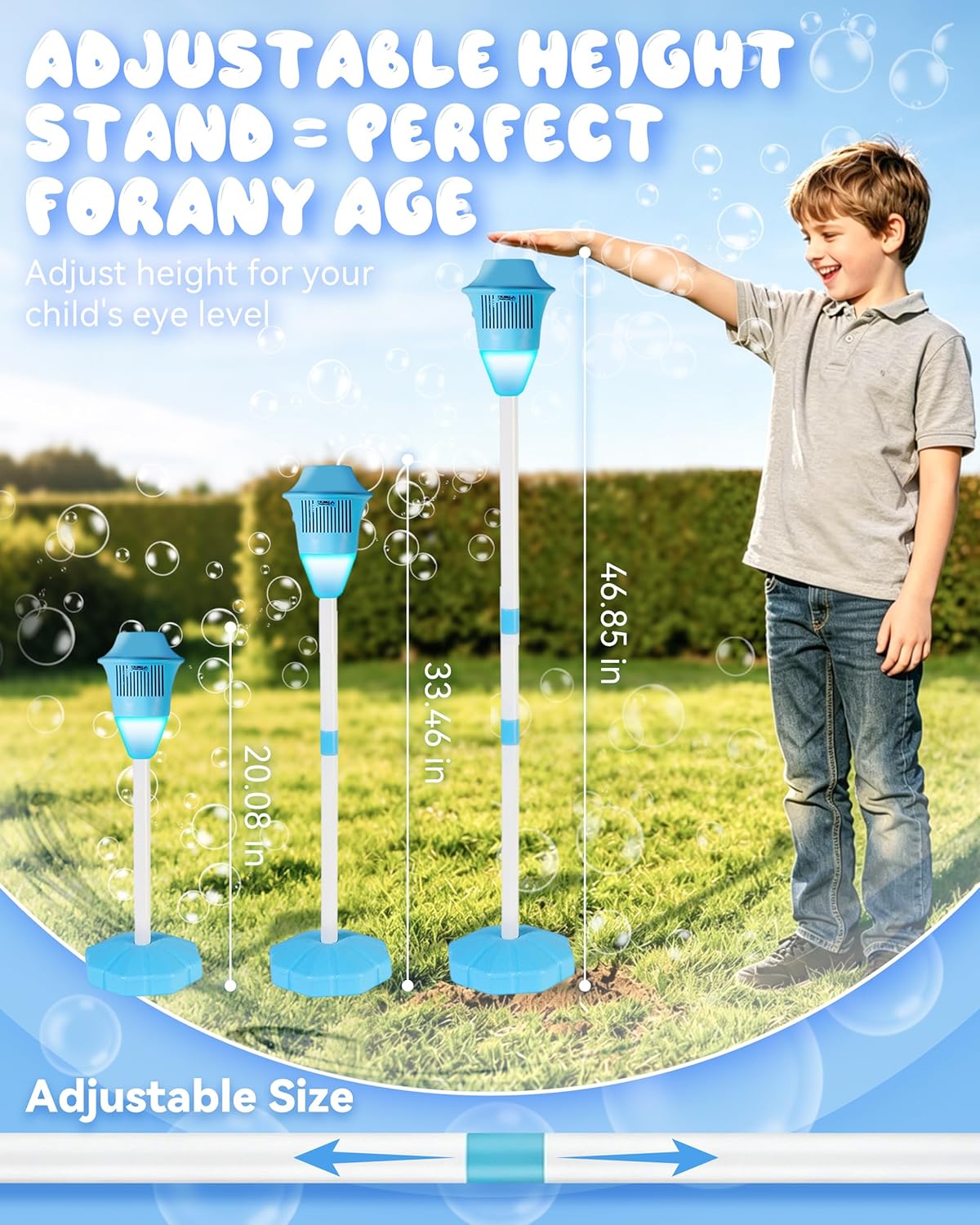 Bubble Maker, Street Lamp Bubble Machine, Automatic Standing Bubble Machine with Music and Lights, Height Adjustable Up to 47 Inches, Rechargeable, Wireless(Blue-No Bubble Liquid)