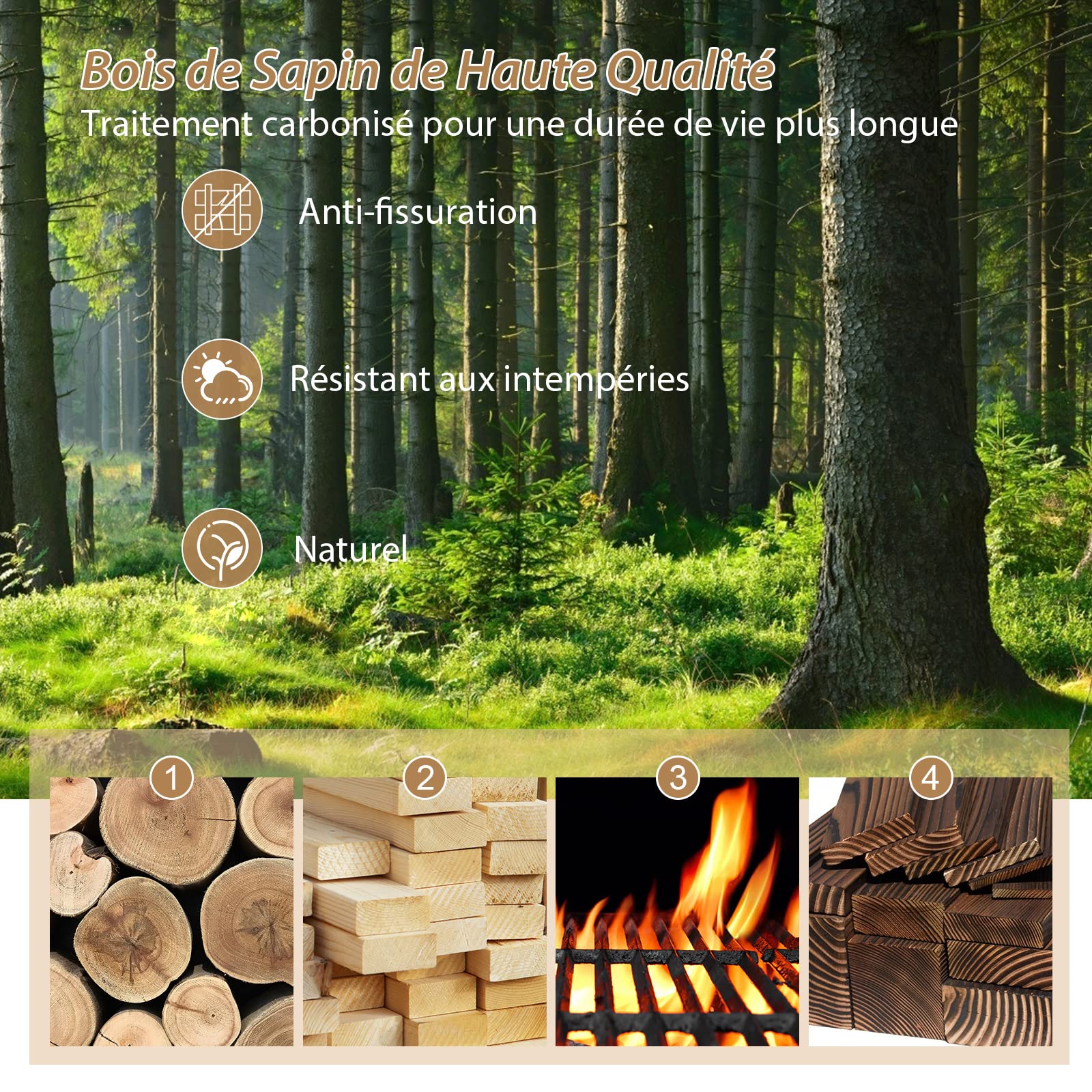 COSTWAY Pont de Jardin en Sapin Carbonisé Charge Maximale 75KG, Pont sur Étang 101,5x48,5x38CM avec des Garde-Corps en Demi-Roue, Décoration du Jardin pour Patio Cour