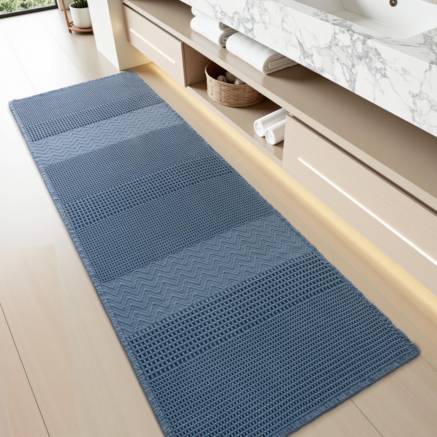 AMOAMI Waffle Bath-Mat, Super Absorbent Bath Mats for Bathroom, Boho Bathroom Rugs Non Slip Washable, Ultra Soft Bath-Mat with Tassels Bath Rugs for Floor Mat, 24" X 72" Blue