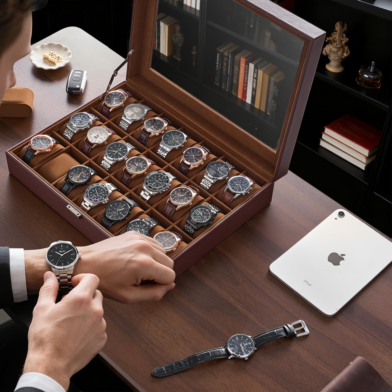 ProCase Boîte à Montres 21 Slots, Coffret Rangement Montres Grande Capacité, Couvercle Transparent Anti-Poussière, Protection et Présentation Élégante -Marron