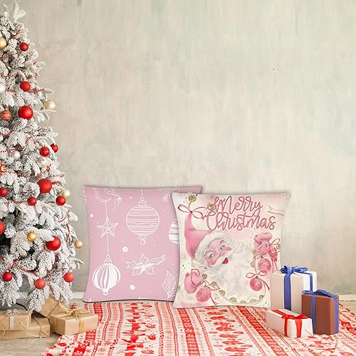 Miniatura 4 de Juego de 4 fundas de almohada de Navidad de 18 x 18 pulgadas, decoraciones de Navidad rosadas, fundas de almohada de Navidad de invierno,