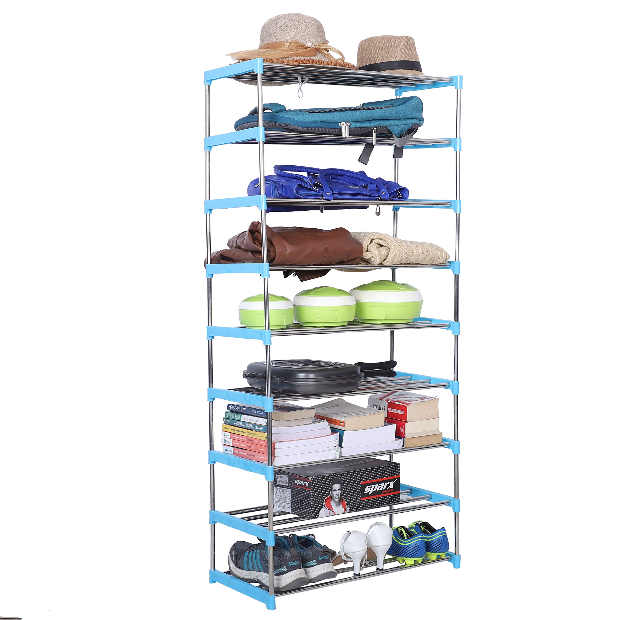 Three Secondz - Foldable Steel Shoe Rack | Portable Shoe Rack | Shoe Cabinet | Shoe Organizer | Foldable Rack | Portable Metal Shoe Rack (9 Layers, Blue)