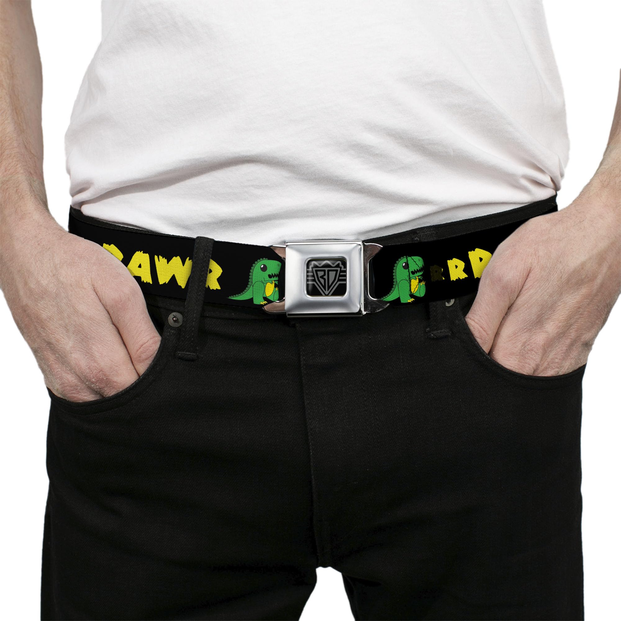 Buckle-Down RRRAWR Sicherheitsgurt Dinosaurier schwarz/grün/gelb 2,5 cm breit 50,8-91,4 cm lang