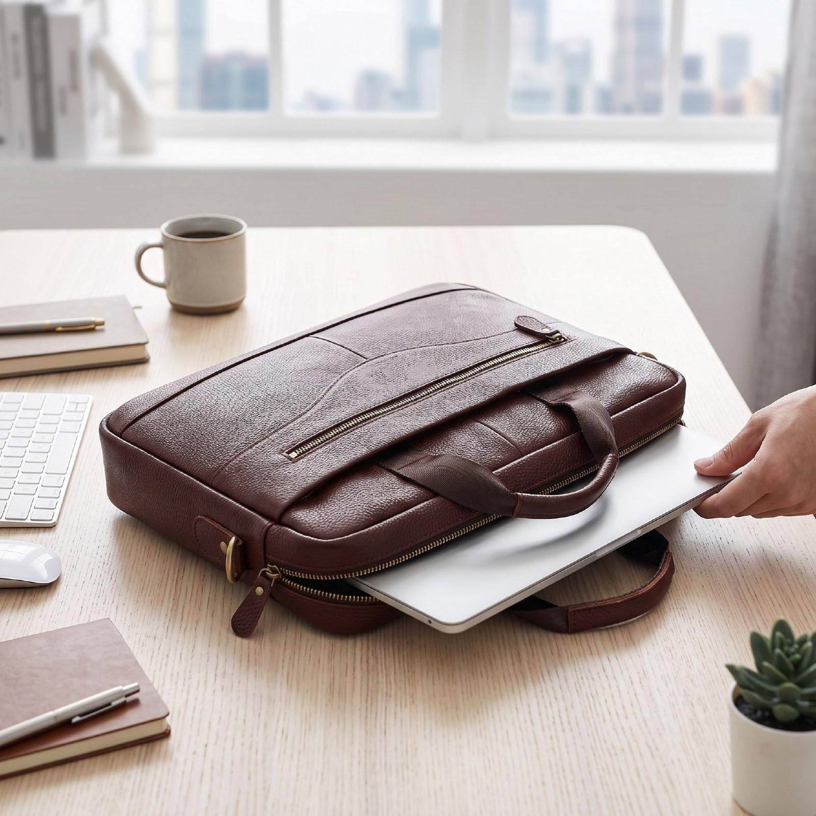 Asixxsix Borsa Porta Laptop in Pelle per Uomo