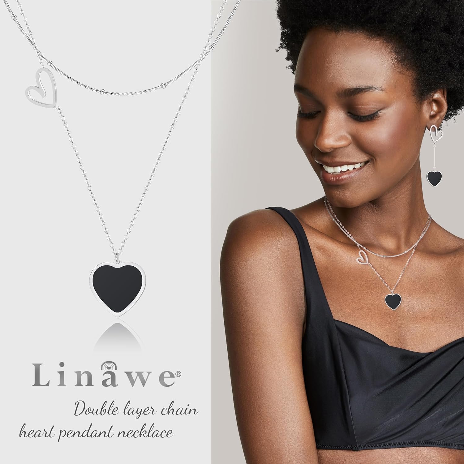 Linawe Layered Choker Heart Pendant Necklace for Women Trendy, Gold/Silver/Rose Gold Chain Stainless Steel Stacked Necklaces, Double Heart Necklace Y2K Preppy Jewelry - Image 2