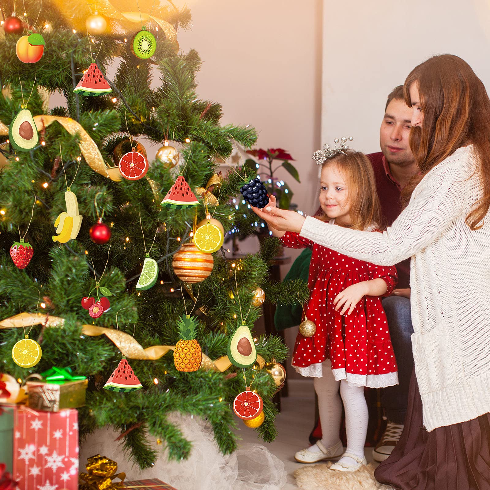 Décorations en bois à suspendre pour sapin de Noël - Ornements en bois pour fruits et légumes - Décoration en tranches pour arbre de Noël, couronne de cheminée (style fruits, 24 pièces)