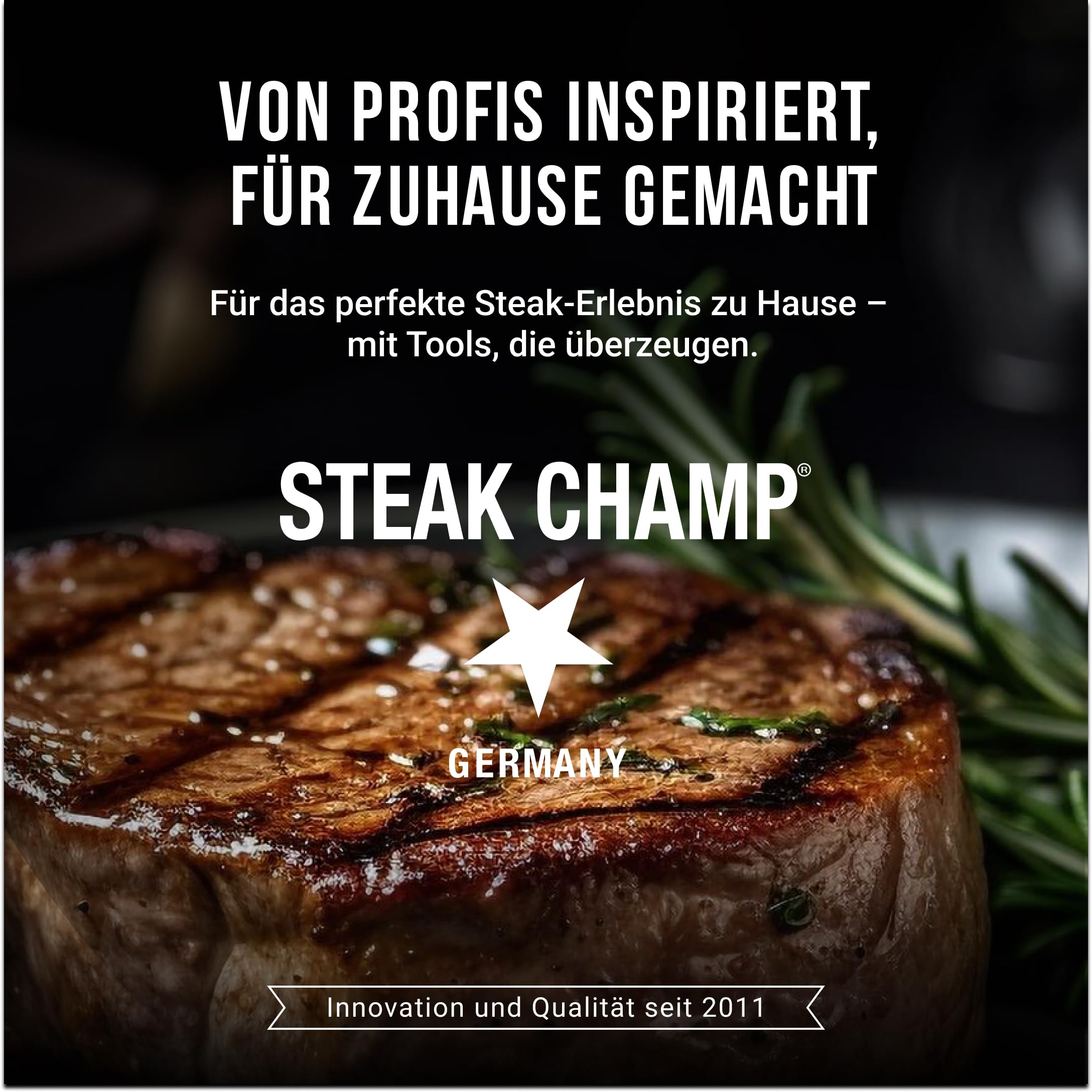 Steakchamp Fleischgabel und Steakmesser, 2 x 2 Stk.: Gabeln und Messer aus Klingenstahl, mit Mikrowellenschliff, Set 4-teilig, inkl. Holzkiste