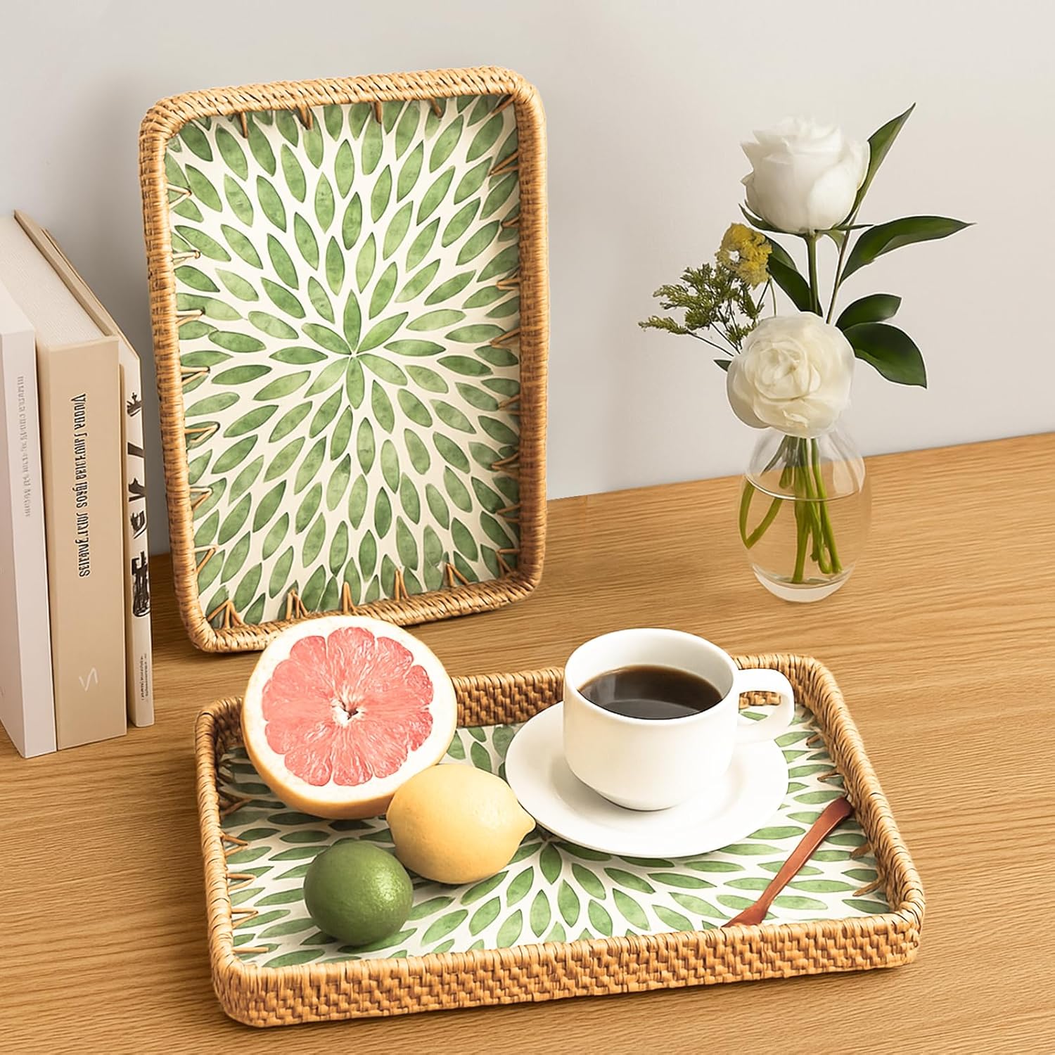 YIYA Set of 2 Rattan Serving Tray Rectangle Rattan Tray with Mother of Pearl Inlay Decorative Wicker Tray for Coffee Bread Fruits Table Decor - Image 4