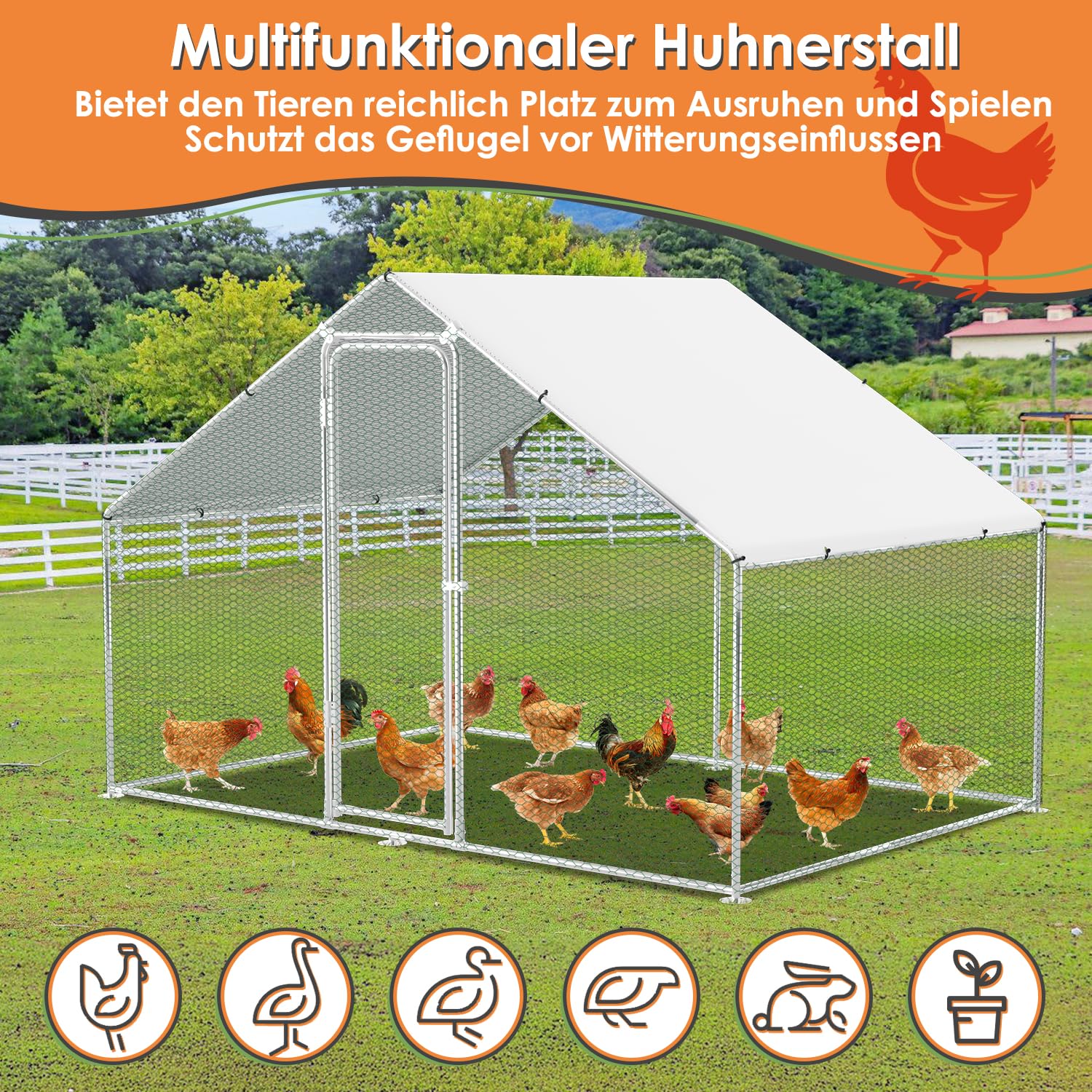 Herrselsam Pollaio Ovaiole per Esterni, 3x2x2m Pollaio per Esterni con Telaio Zincato, Recinto con Copertura in Tessuto Impermeabile, Serratura, per Polli, Anatre e Conigli