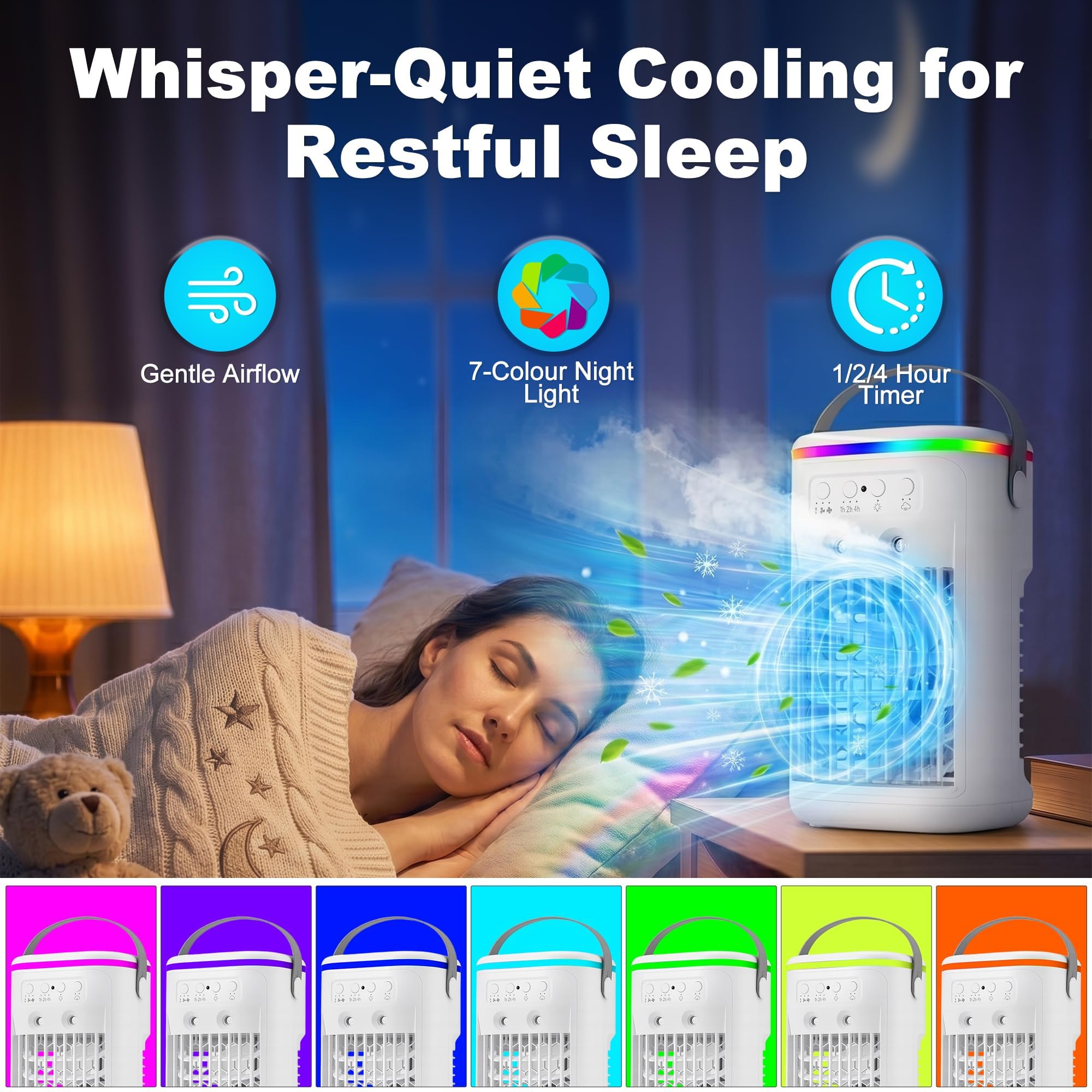 Climatiseur Mobile, Mini Rafraîchisseur d’Air Silencieux avec Télécommande, Ventilateur Brumisateur USB, 3 Vitesses, 2 Modes Brume, Minuteur 1H/2H/4H, LED 7 Couleurs, pour Chambre Bureau