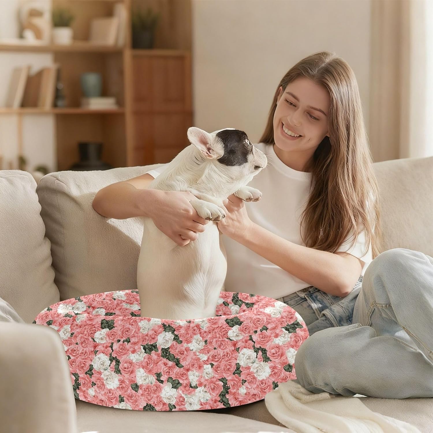 Wudan Pet Cat Beds Donut Cuddler Fluffy Dog Pillow Bed for Extra Small Size Pets Supplies M Rose Beauty Summer Flowers