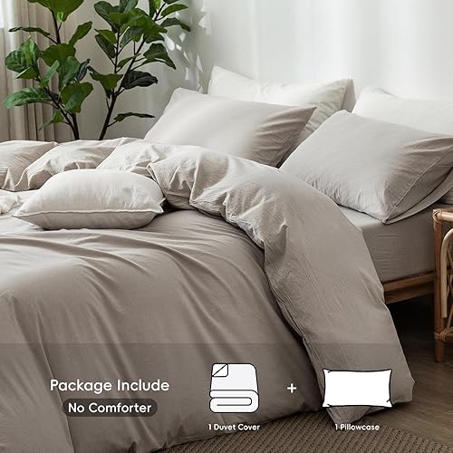 Miniatura 342 de MooMee - Juego de funda de edredón, 100% algodón lavado, textura parecida al lino, transpirable, duradero, suave y cómodo (gris pardo, King)