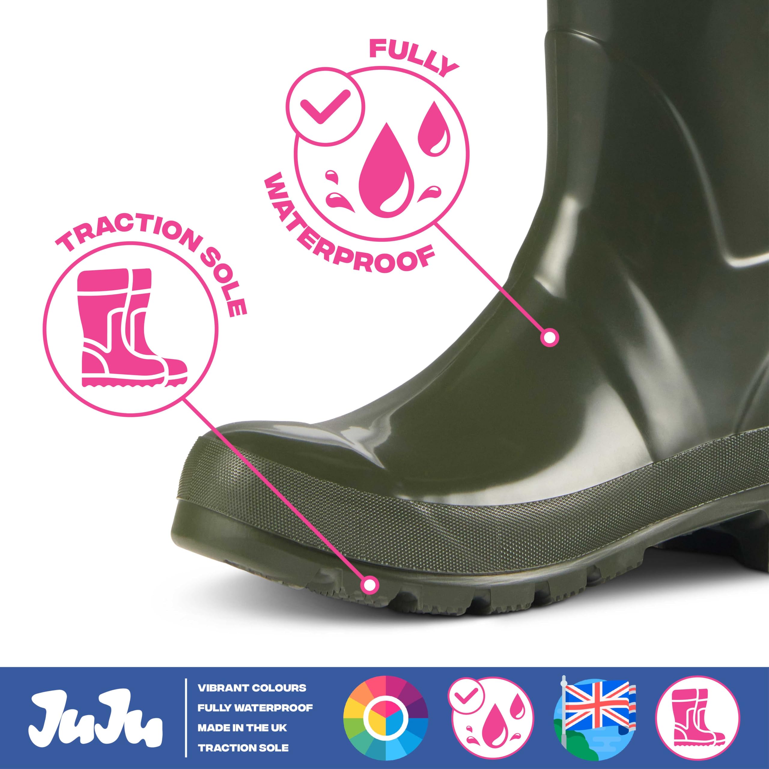 JUJU Botas de agua impermeables para mujer, ajuste cómodo y elegante, fáciles de poner, botas Wellington para mujer, tallas 3-8