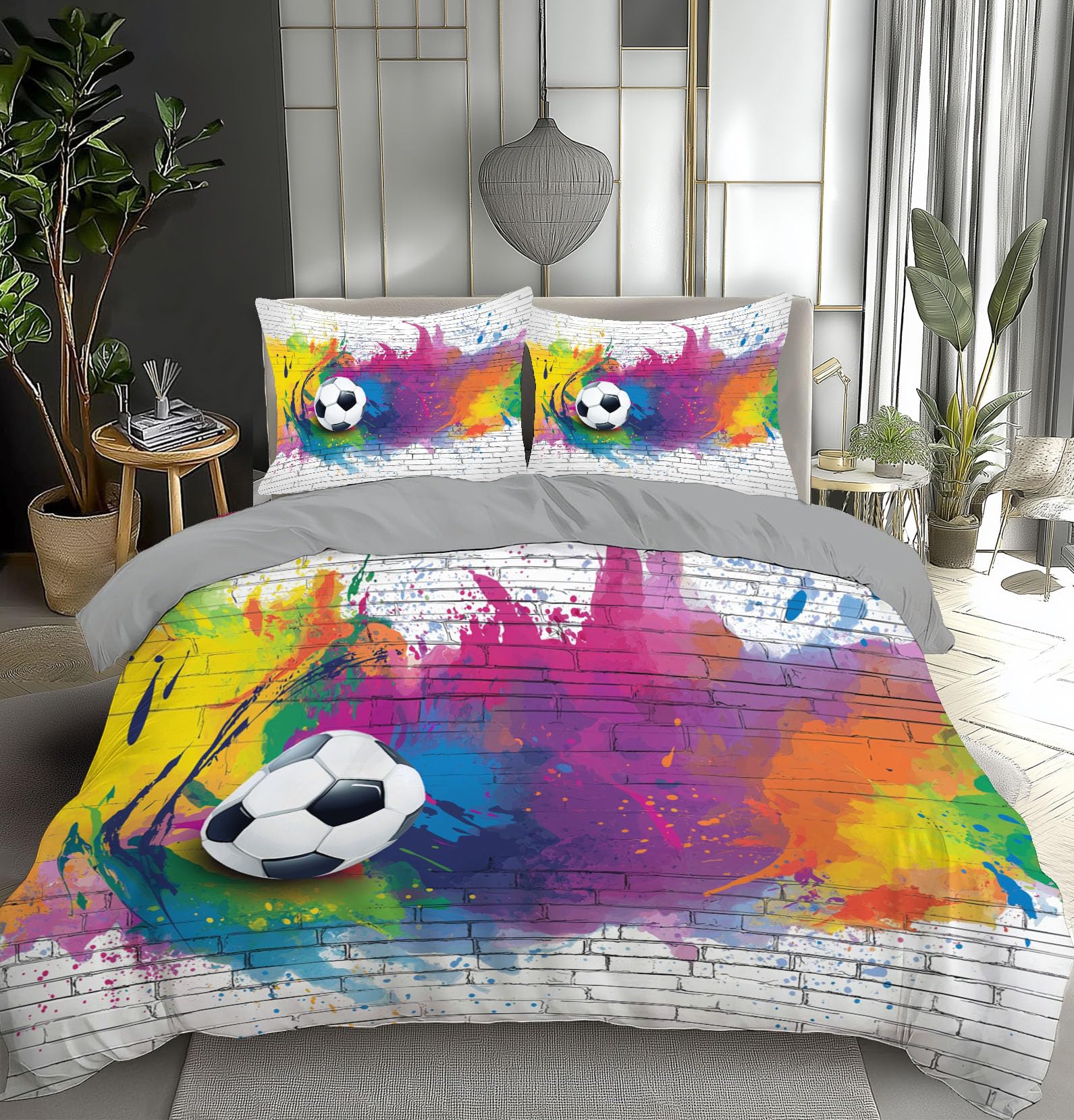 Juego de Funda Nórdica 3 Piezas Cama 80/90, Color Grafiti Microfibra Extra Suave Transpirable, Fútbol Pared De Ladrillos 1 Funda Edredón 135x200cm y 2 Fundas Almohada 50x75 cm, Blanco Colorido