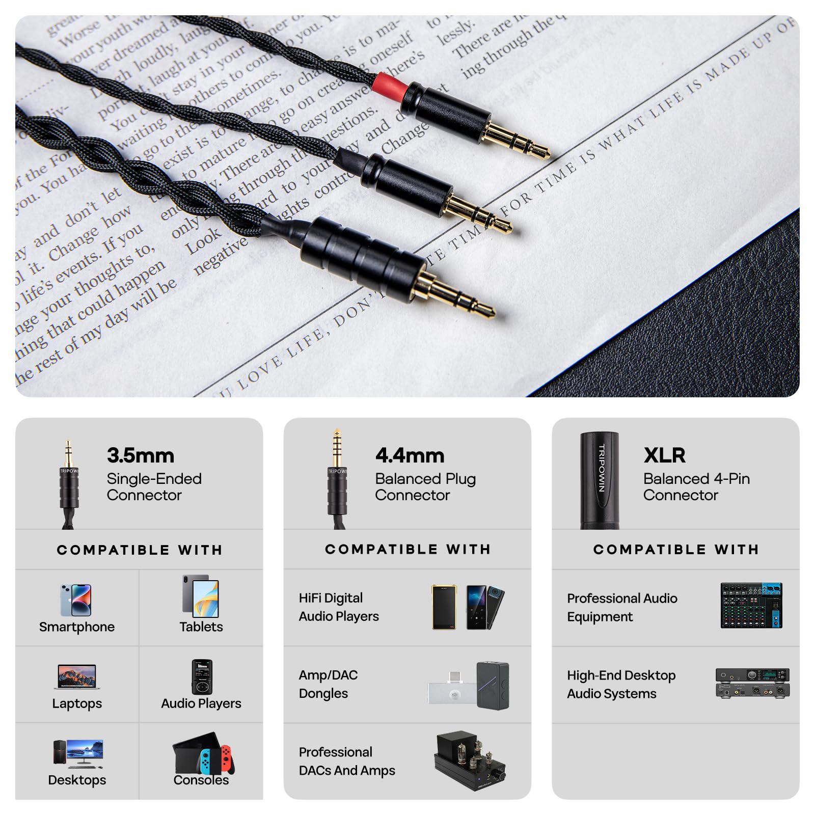 Linsoul Tripowin Nova Fil de casque sur-auriculaire,Câble d'amélioration hybride 4 brins en pellicule argentée/OCC,2m,Double connecteur 3.5mm vers 4.4mm/3.5mm/XLR,Pour audiophiles (4,4 mm, Noir)