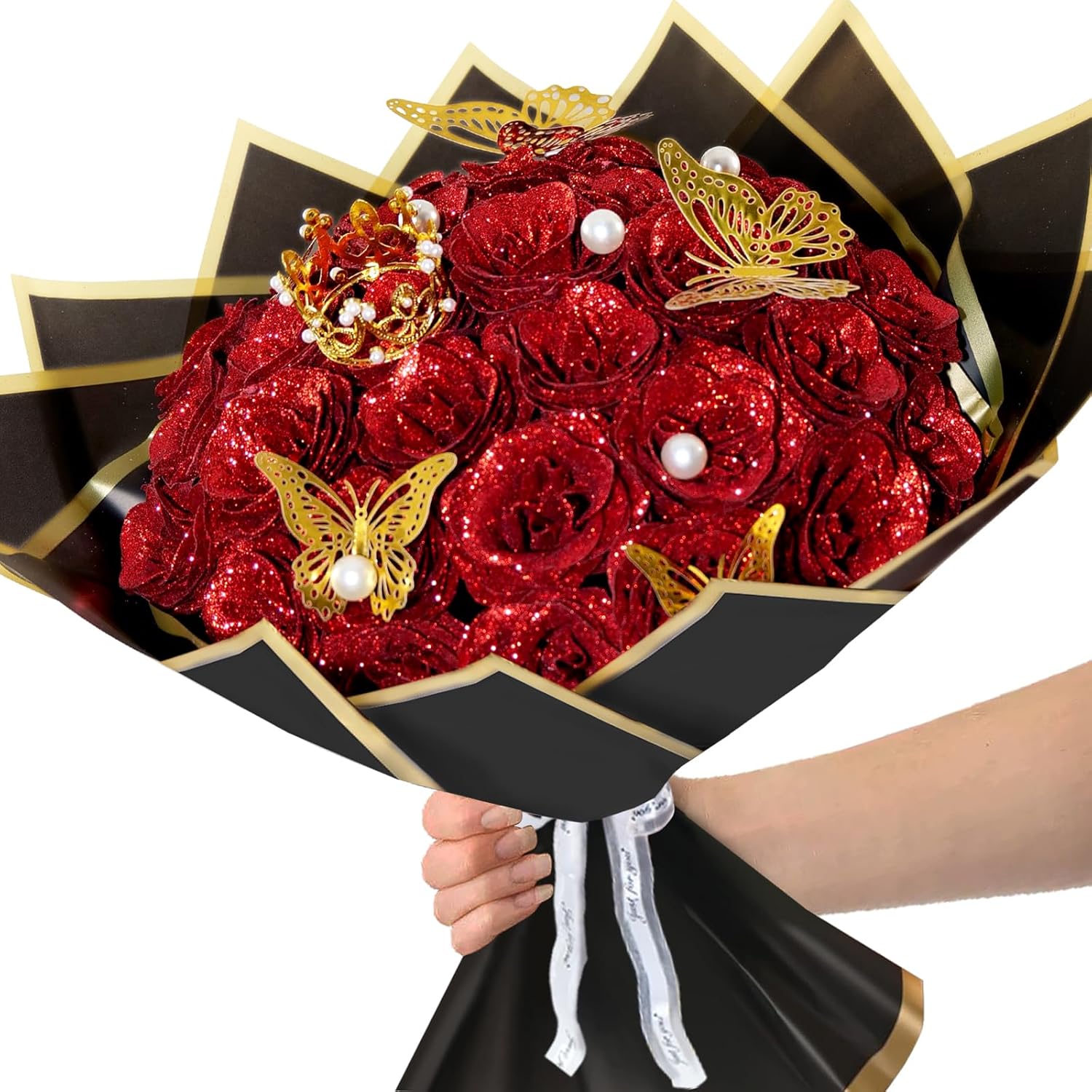 Red Glitter Roses Bouquet, 24 Pcs Shiny Glitter Flowers Bouquet, Everlasting Artificial Roses Bouquet for Mothers Day, Birthday, Anniversary, Wedding, Engagement, Christmas - Image 2