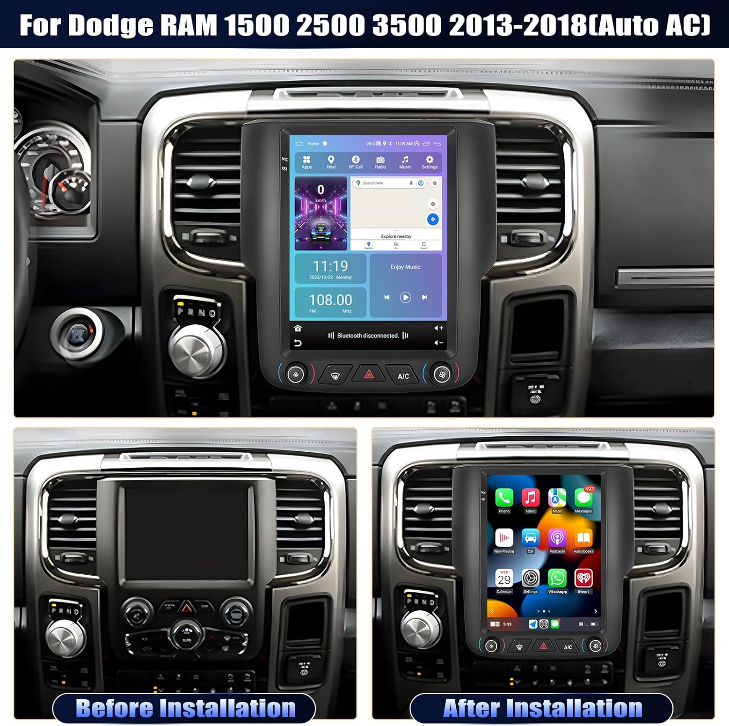 2 64G Android 13 Car Stereo for Dodge RAM 1500 2500 3500 2013-2018(Auto AC) with Wireless Carplay Android Auto, 9.7 Touchscreen in Dash GPS Radio with GPS WiFi Bluetooth FM RDS EQ SWC Backup Camera