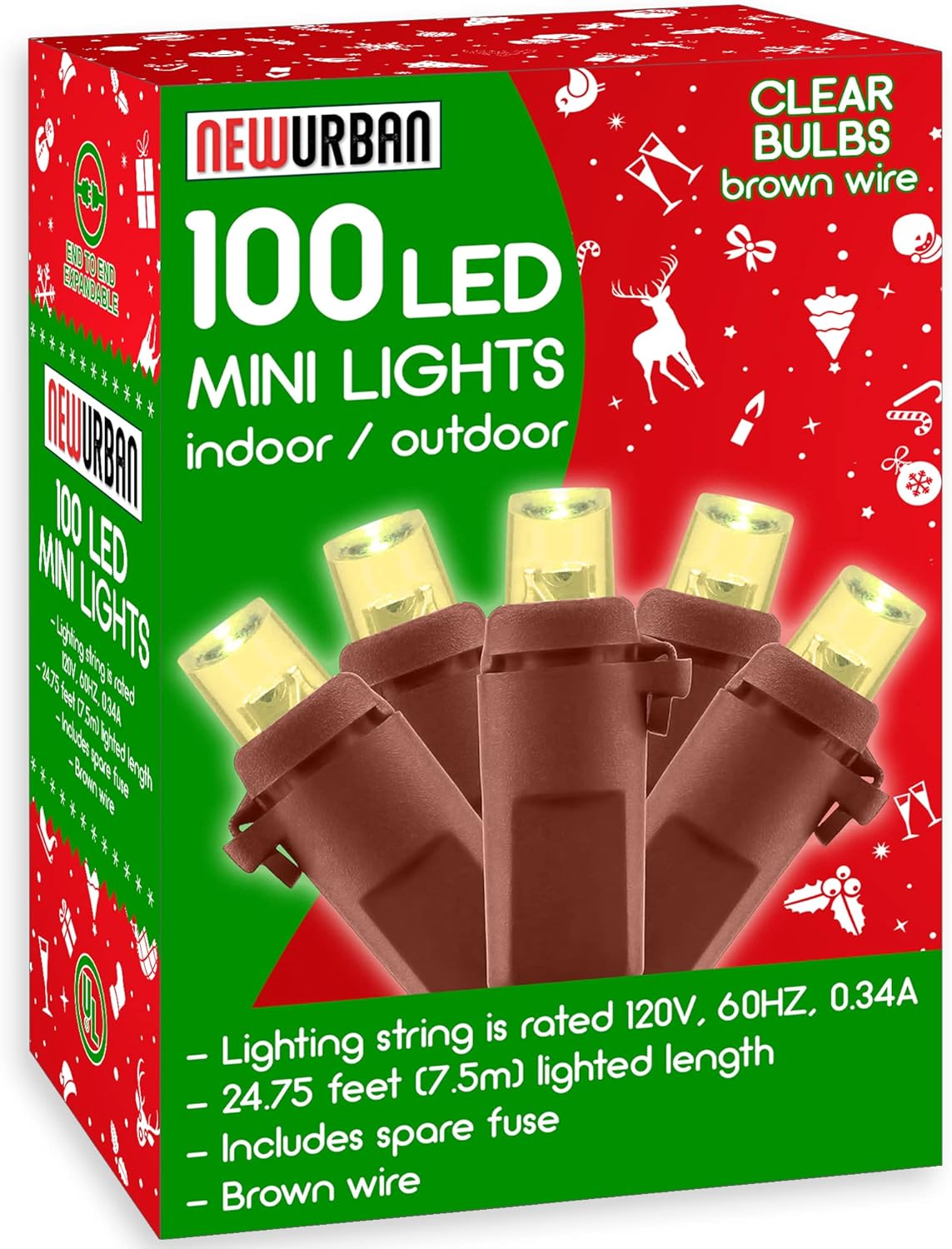 5MM 100 LED Christmas Mini Lights 33 feet / 10 m Brown Wire Warm