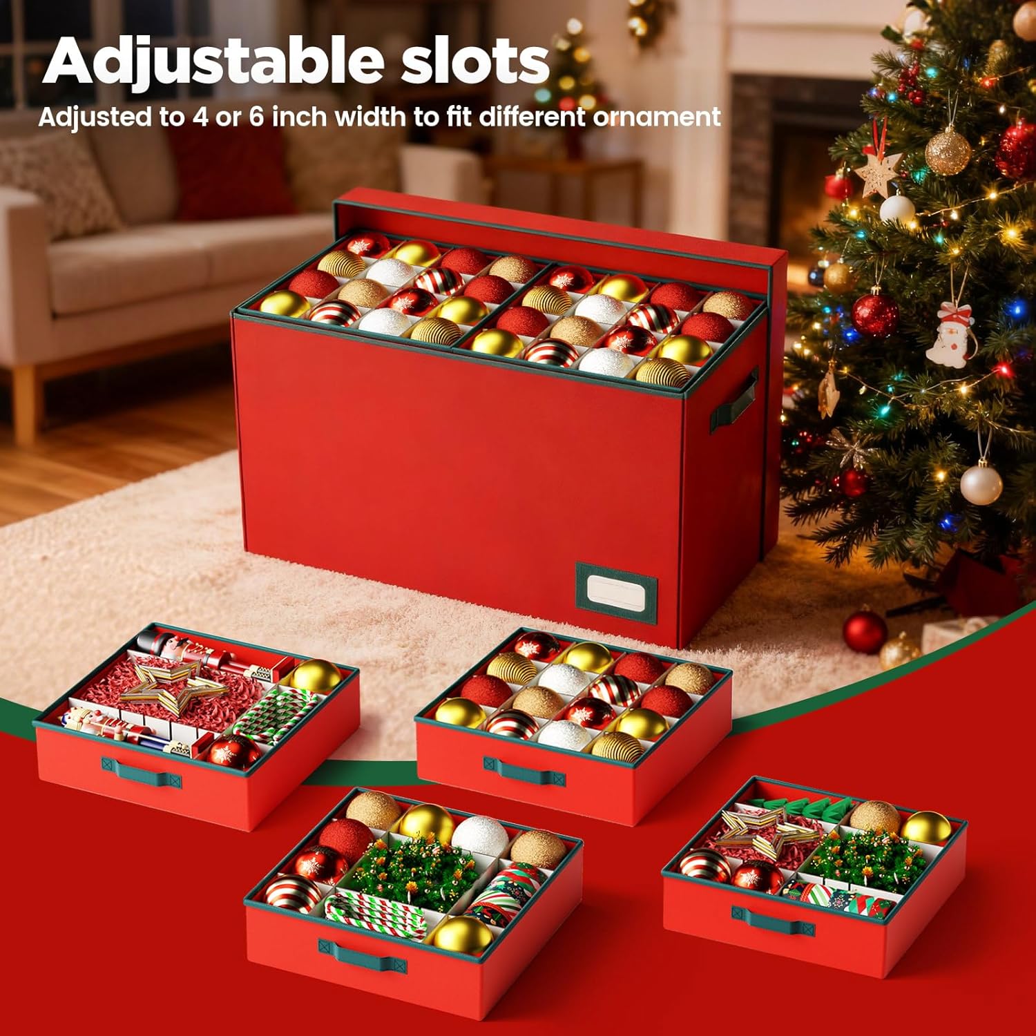 Christmas Ornament Storage Box-Hold 128 Ornaments, Xmas Ornament Organizer Storage box with Lid and Adjustable Dividers, Extra Large Holiday decorations Storage Container with Individual Trays, Red - Image 3