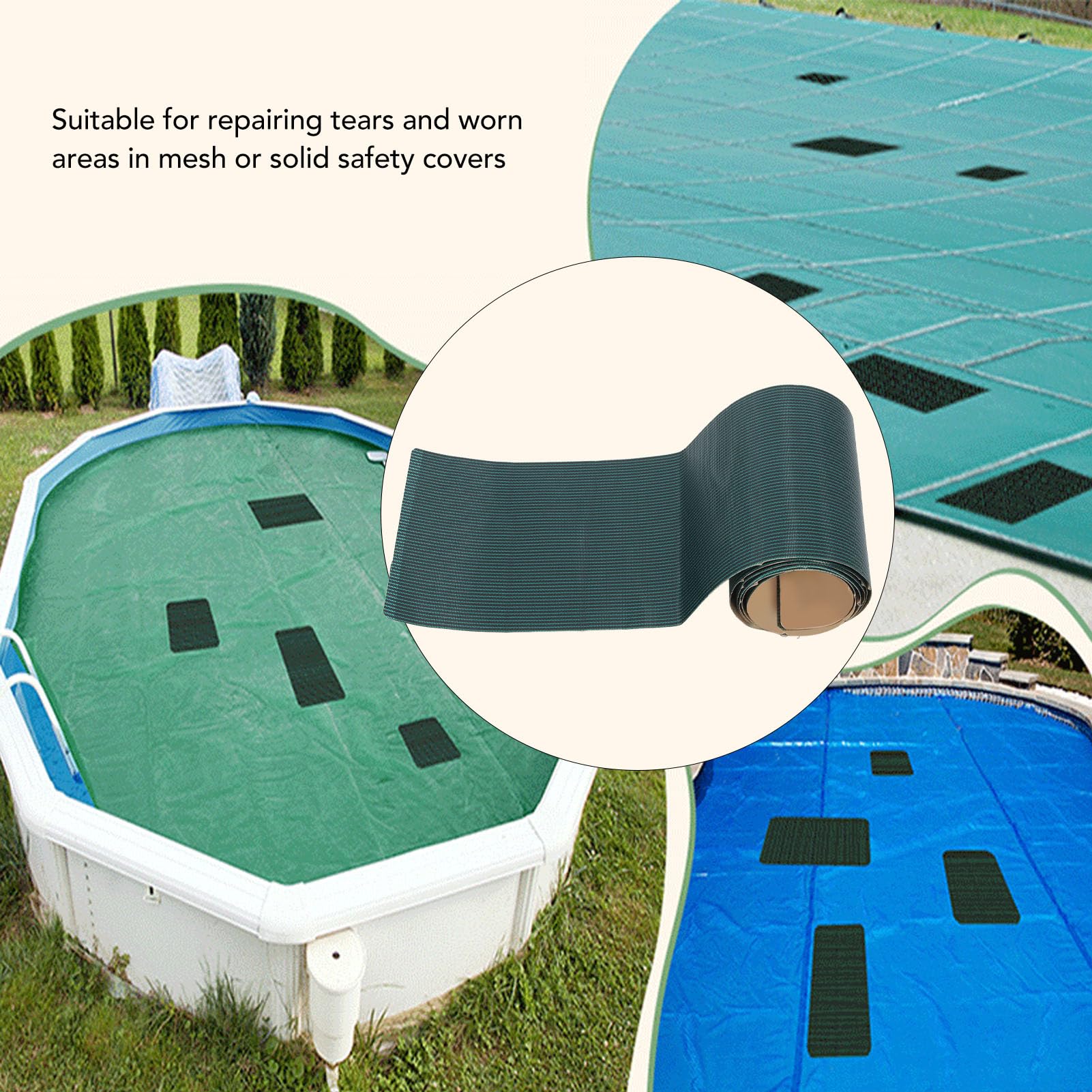 Parche para Cubierta de Piscina Reparación Parches Autoadhesivos Piscina 78,7 X 7,9 Pulgadas, Pegatinas Parches Cubierta Seguridad Piscinas Malla Cortable para Cubiertas Enterradas