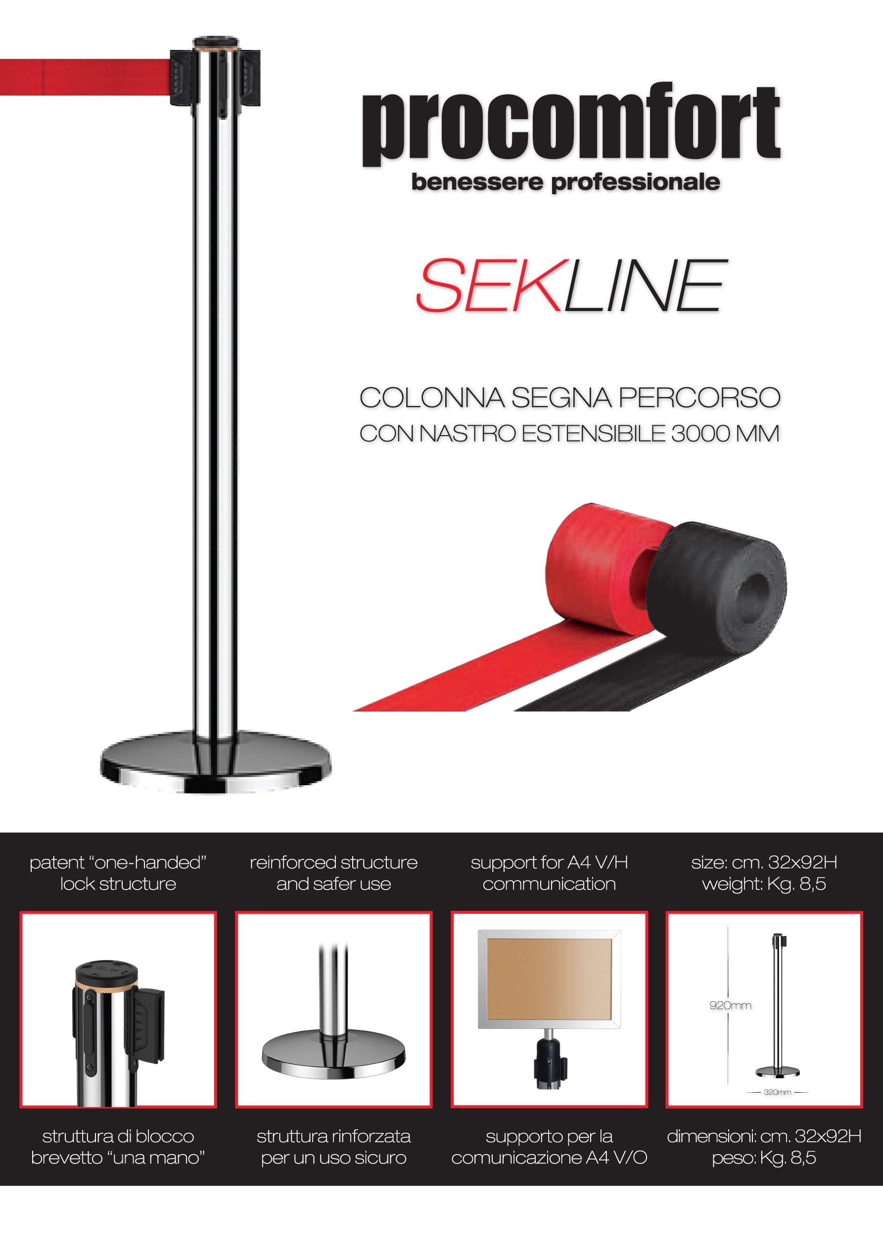 Procomfort Colonna SEKLINE Segna Percorso con Nastro Estensibile 3000 mm con Struttura Rinforzata per un Uso Sicuro (Nero)