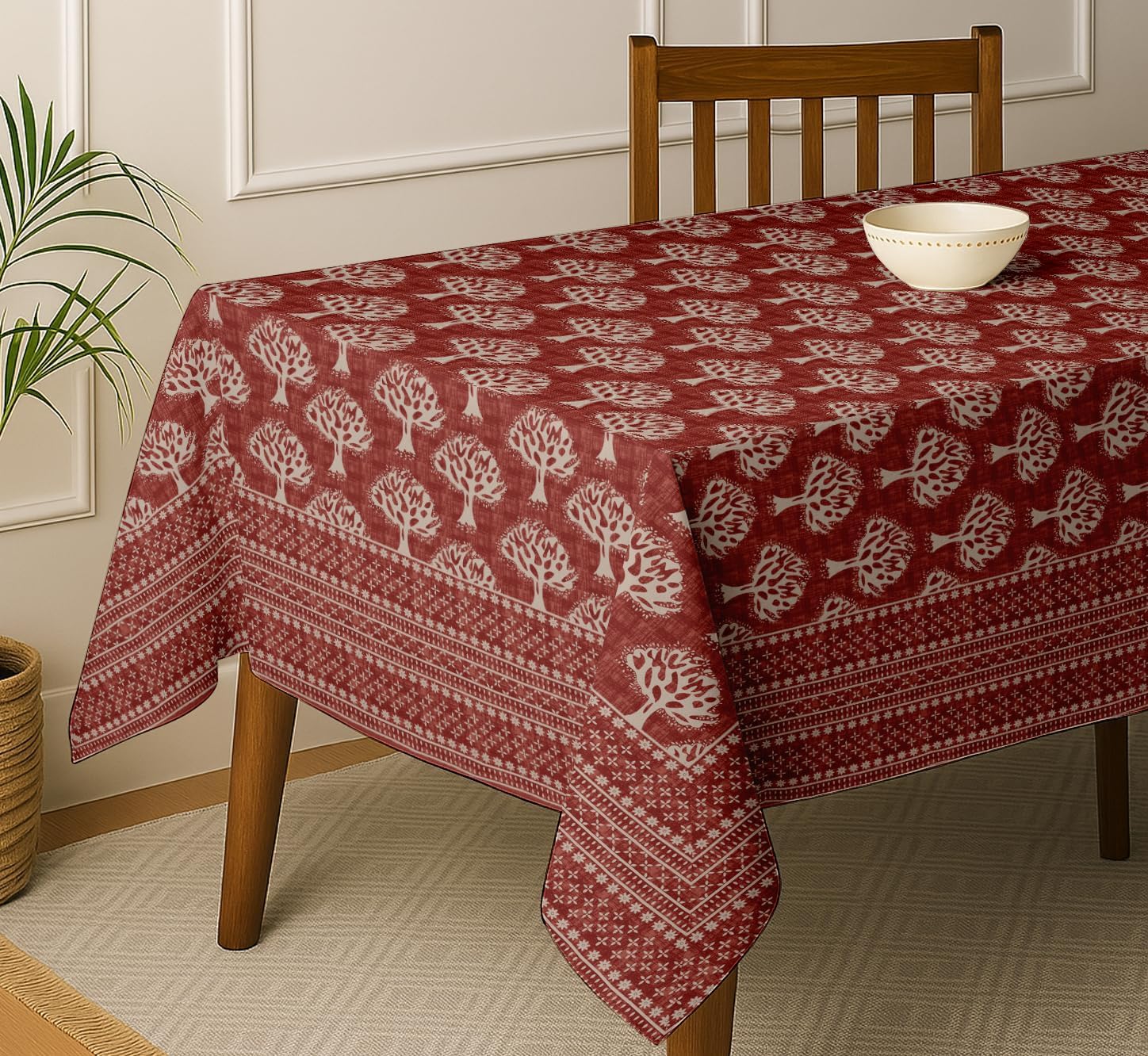 Tree Design Tablecloth - Red 60x60 Inch Cotton Twill Dining Table Cover, Perfect for 4 Seater Tables, Durable, Protective & Washable, Ideal for Everyday Use, Festive Occasions & Gatherings