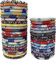 Goldenlines 12-Pack Handmade Crochet Glass Seed Bead Bracelets from Nepal - 7 Inch Stretchy Fit