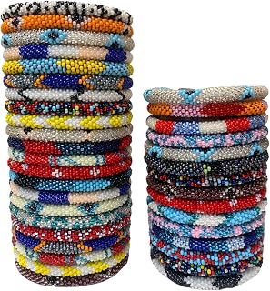 Goldenlines 12-Pack Handmade Crochet Glass Seed Bead Bracelets from Nepal - 7 Inch Stretchy Fit
