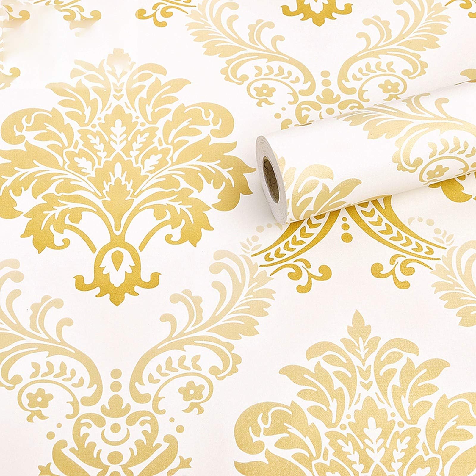 Wolpin Floral Damask Self Adhesive Wallpaper (45 x 1000 CM, Gold) | DIY Wall Sticker for Living Room, Hall, Sofa Background | Peel & Stick PVC Vinyl Decoration Sheet in Gold for Home Interior Makeover