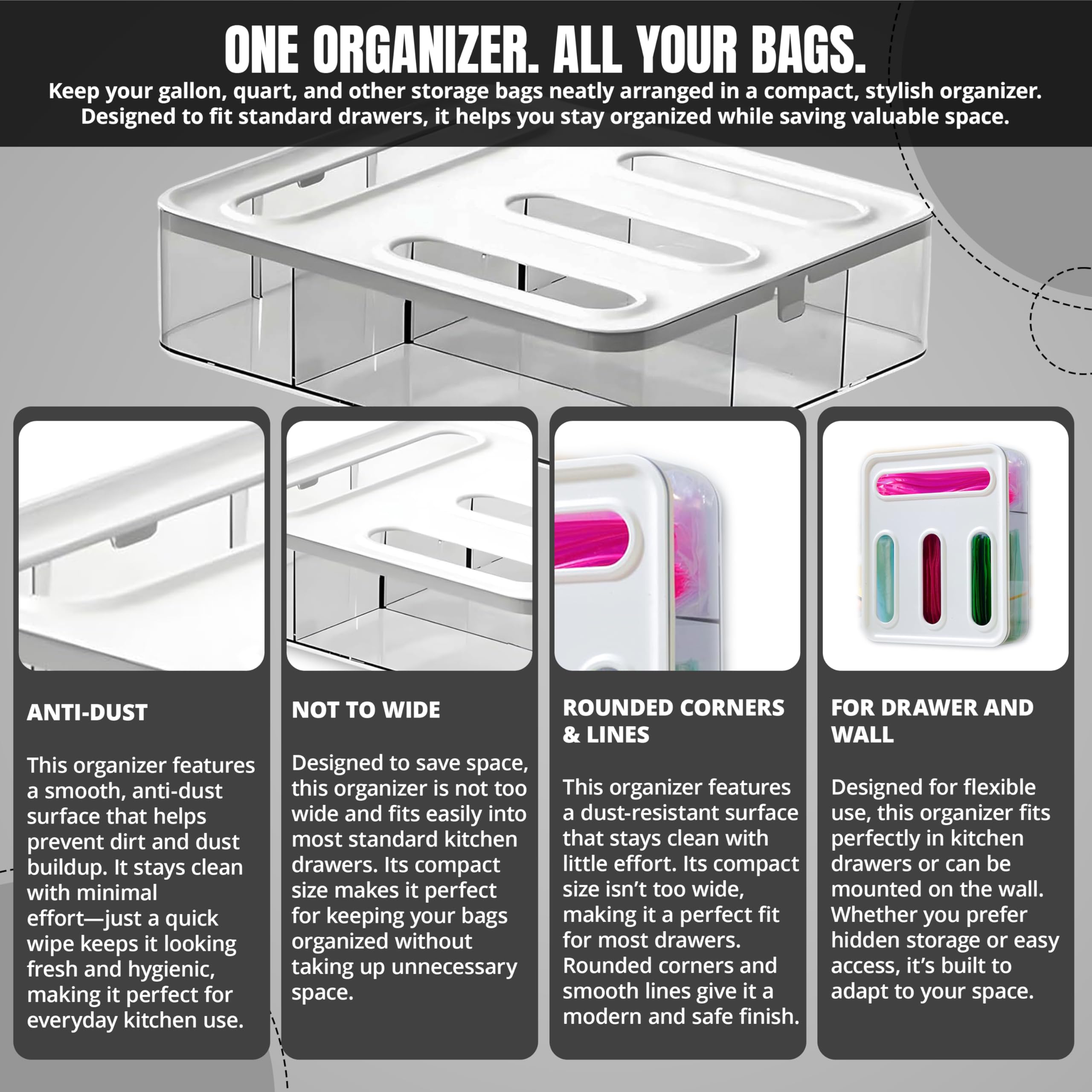 Organizador de bolsas Ziplock para cocina, 4 ranuras, montaje en pared o almacenamiento de cajones, dispensador de bolsas de plástico con diseño de tapa de bloqueo