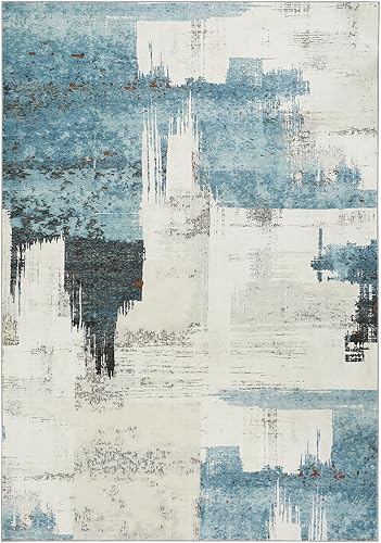 Miniatura 2 de Alfombra abstracta moderna de color beige azul, 3 x 5, resistente a las manchas, lavable, no se desprende, alfombra con respaldo antideslizante para