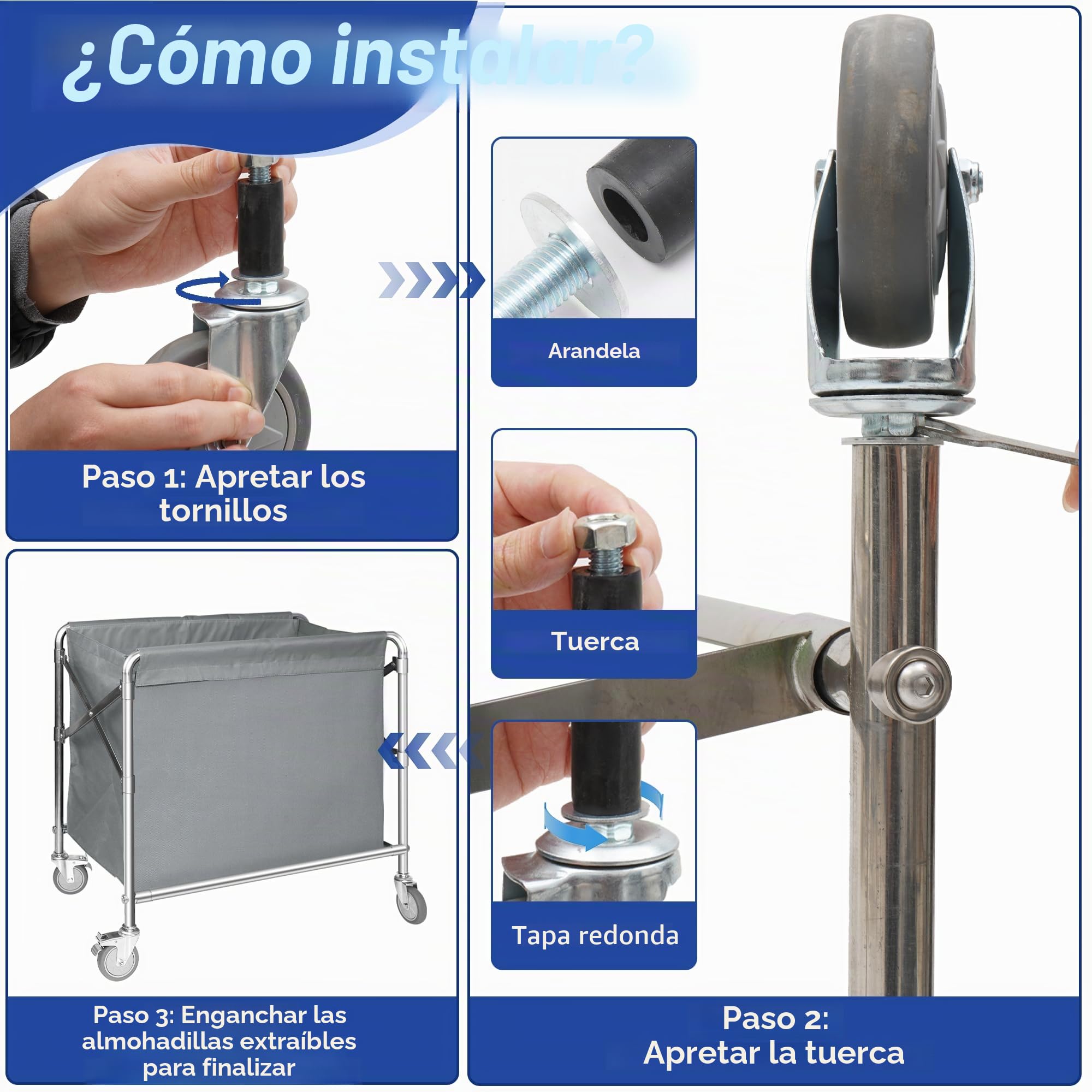 bimiti Carrito de lavandería de acero inoxidable con ruedas, plegable, con capacidad de carga de 100 kg, para casa, hotel, lavandería, 87 x 52 x 78 cm