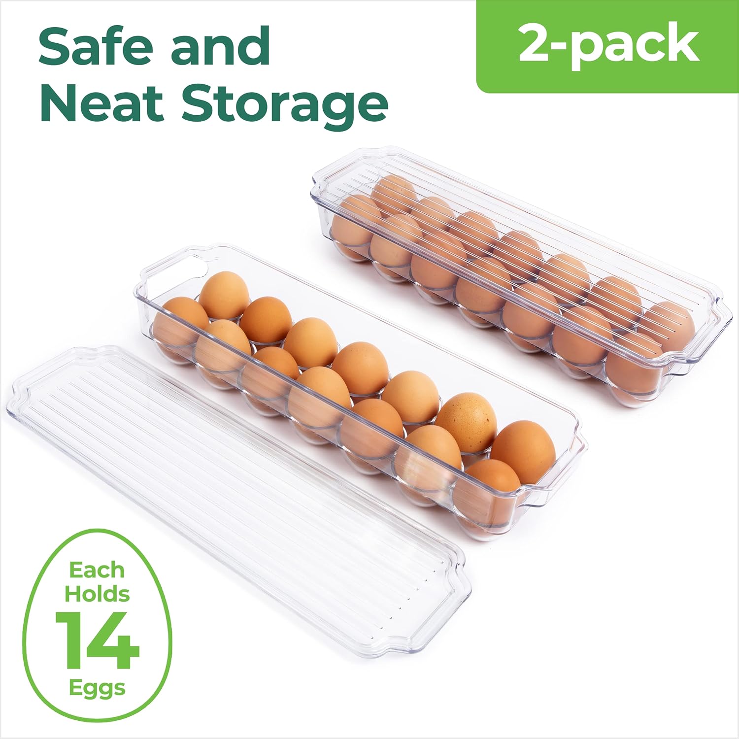 Greenco Refrigerator Organizer Bins for Eggs - Eggs Container for Refrigerator - 14 Egg Organizer Container with Lid & Durable Handle - Stackable Plastic Egg Holder for Refrigerator - Clear, Set of 2