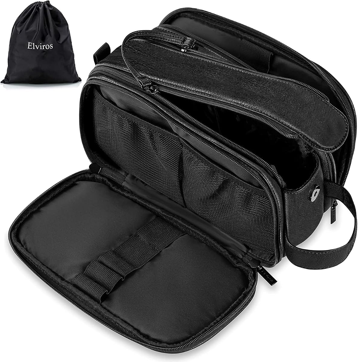 Neceser Elviros para hombre Kit Dopp de afeitado de piel sintética (grande, negro) | Organizador de viaje resistente al agua para artículos de tocador de baño, artículos de aseo, herramientas de afeitado y almacenamiento diario