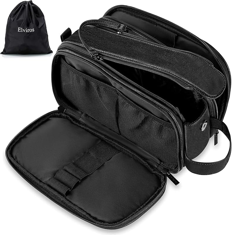Neceser Elviros para hombre Kit Dopp de afeitado de piel sintética (grande, negro) | Organizador de viaje resistente al agua para artículos de tocador de baño, artículos de aseo, herramientas de afeitado y almacenamiento diario