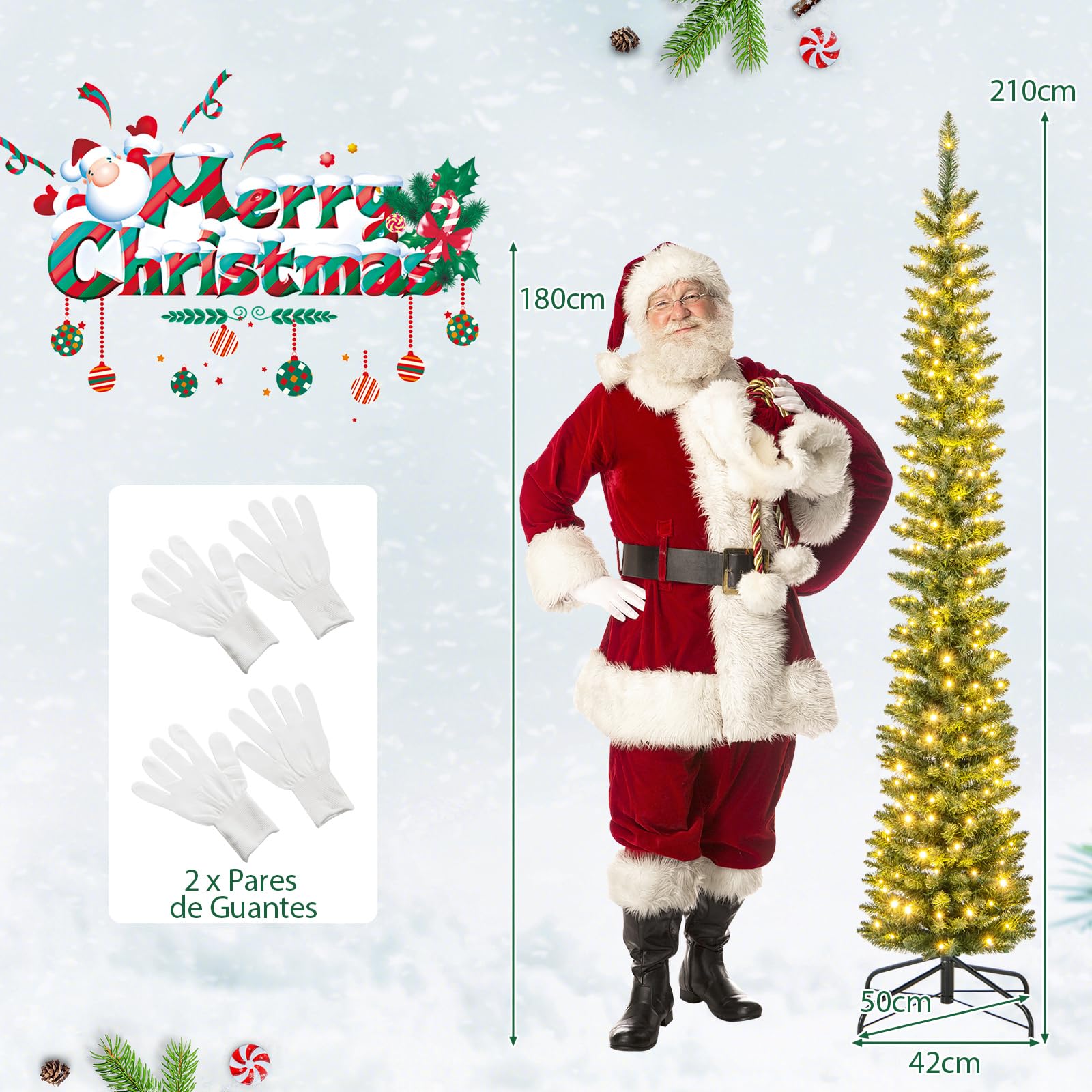 COSTWAY Arbol de Navidad con Luces Incorporadas 210 CM, Arbol de Navidad Slim/Estrecho, 499 Puntas, 200 Luces LED Blancas Cálidas, Arvore de Natal Casa Oficina Escuela Tienda
