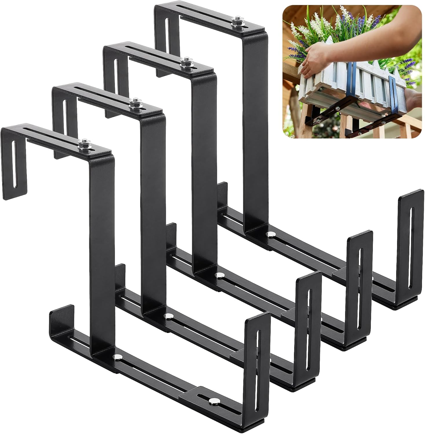 Cozcty 4 Pack Window Box Brackets, No Drill Adjustable Planter Box Brackets, Heavy Duty Deck Railing Planter Holders, Black Metal Flower Pot Hangers for Outdoor Gardens Balconies