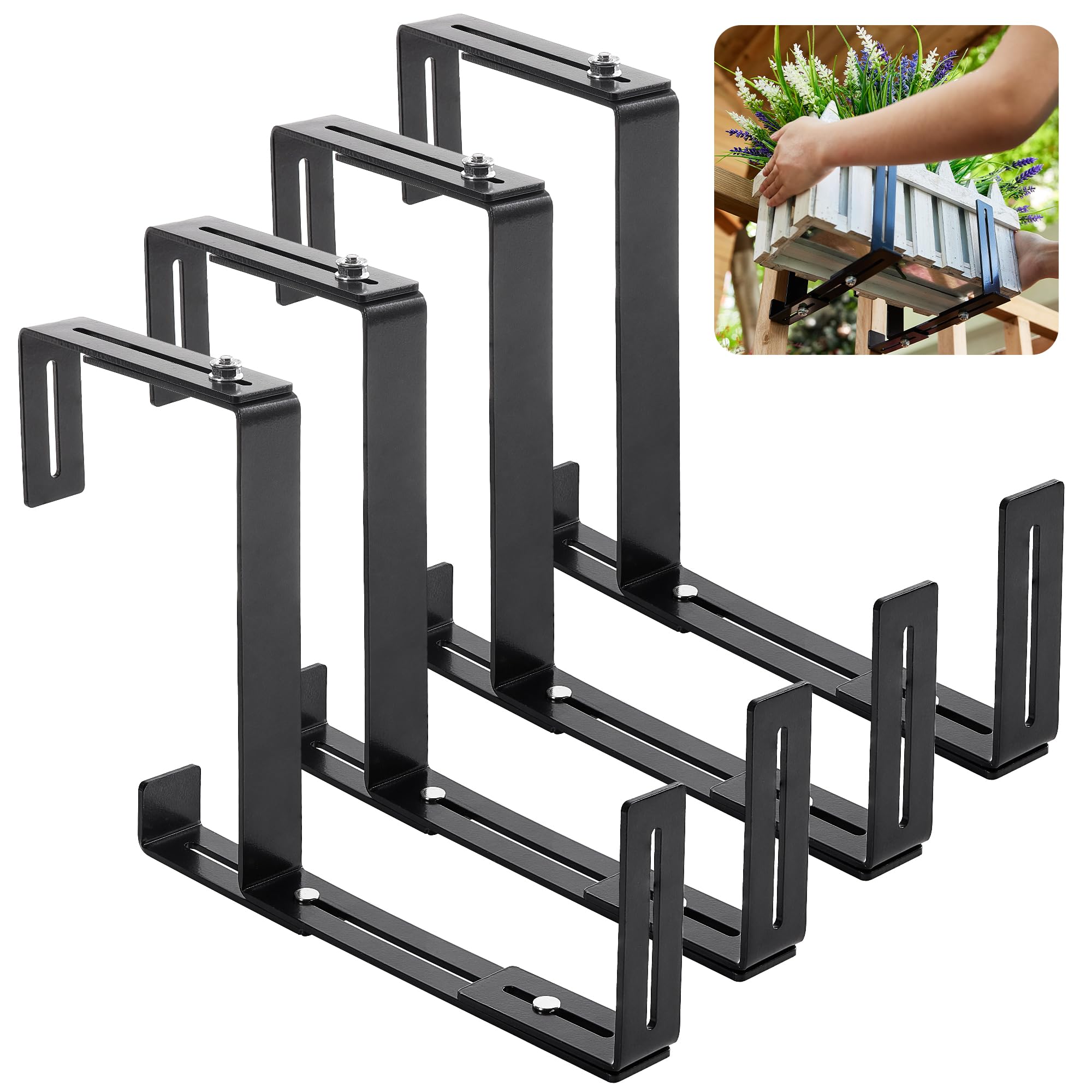 Cozcty 4 Pack Window Box Brackets, Adjustable Deck Railing Planter Holder, Heavy Duty Flower Boxes Outdoor, No-Drill Iron Window Plant Hanger for Gardens, Fences, Balconies, Patios (Black)-picture-17