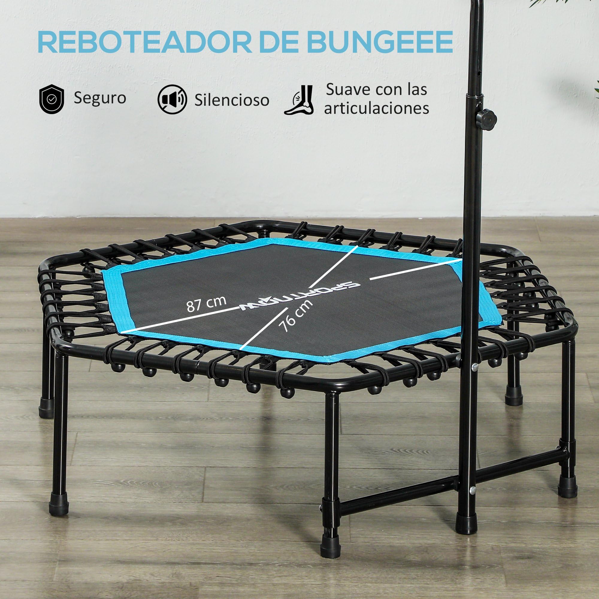 SPORTNOW Trampolín de Fitness 114x114x132 cm Cama Elástica Fitness con Mango Ajustable de 3 Niveles Marco de Acero para Entrenamiento Piernas Cuerpo en Hogar Oficina Gimnasio