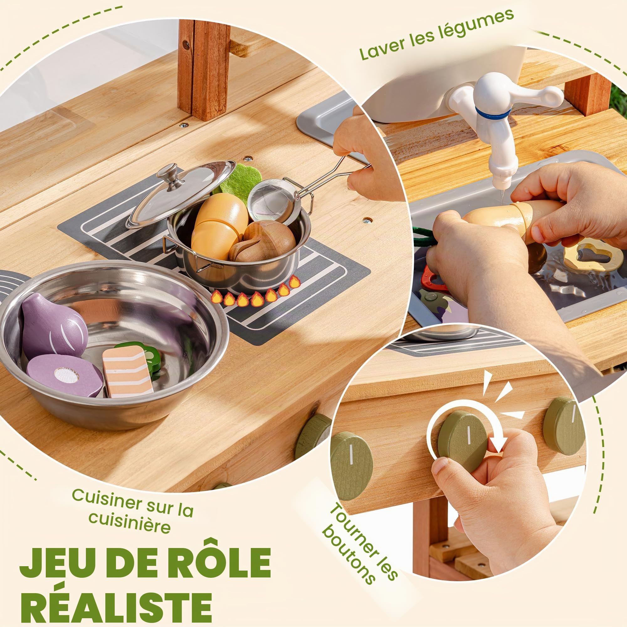 ROBUD Cuisine boueuse en Bois - Cuisine de Jeu d'extérieur avec Accessoires et Tableau à colorier - Jouet à roulettes pour Enfants à partir de 3 Ans