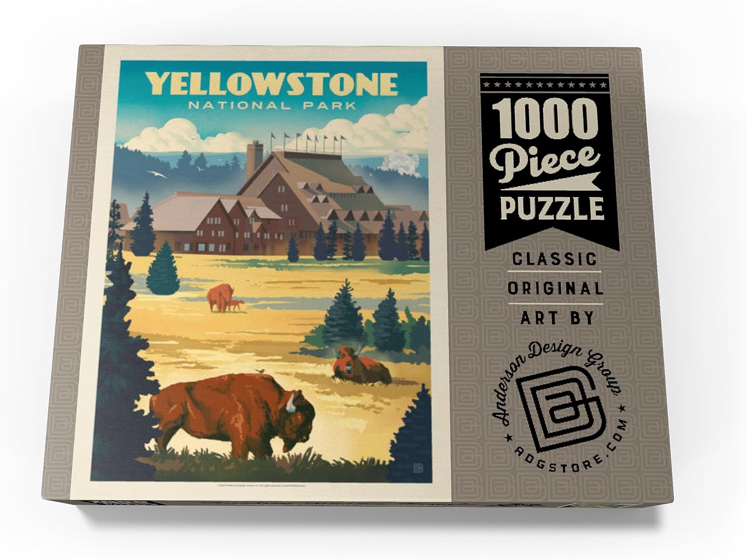 MyPuzzle Yellowstone National Park: Old Faithful Inn Bisons, Vintage Poster - Premium 1000 Piece Jigsaw Puzzle for Adults