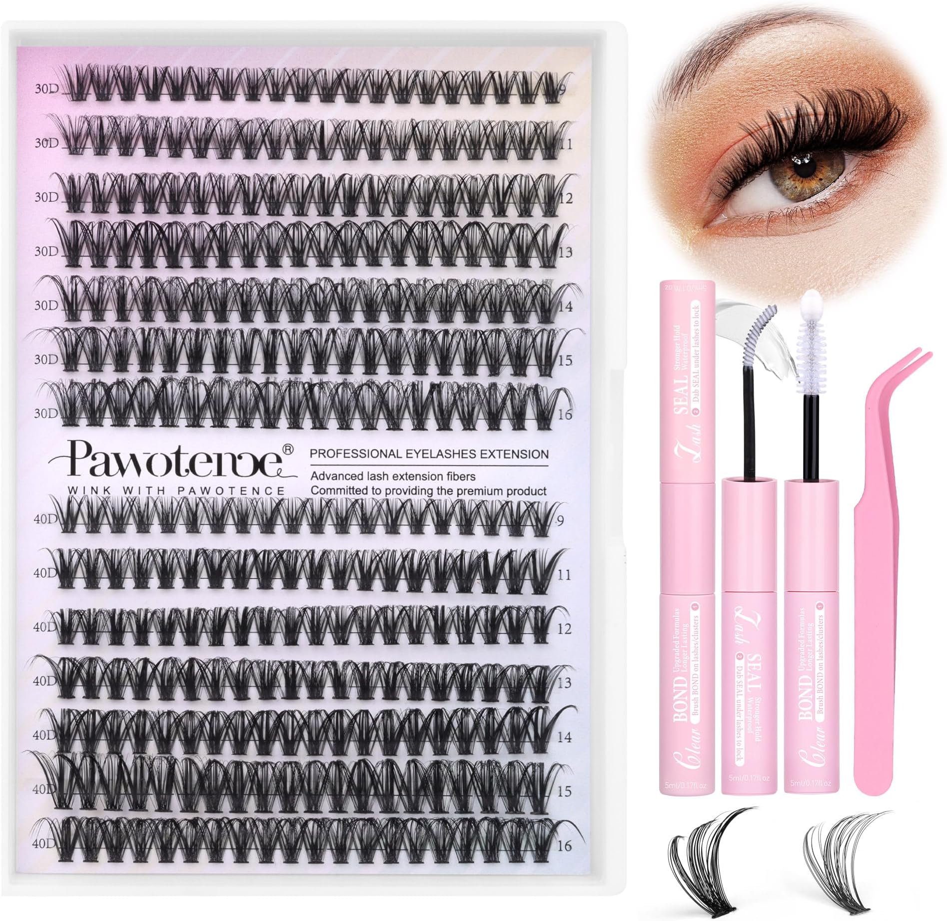 Pawotence Lash Clusters Kit Wispy 280pcs Lash Extension Kit with Clear Lash Bond and Seal, 9-16mm Cluster Eyelash Extension Kit Individual Lashes with Clear Lash Bond and Seal, Lash Tweezers